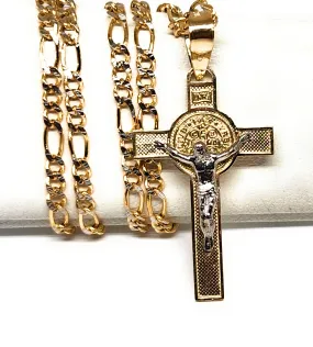 10k Solid Gold Jesus Cross Crucifix & Sann Bennito Pendant Necklace (MADE IN MX)