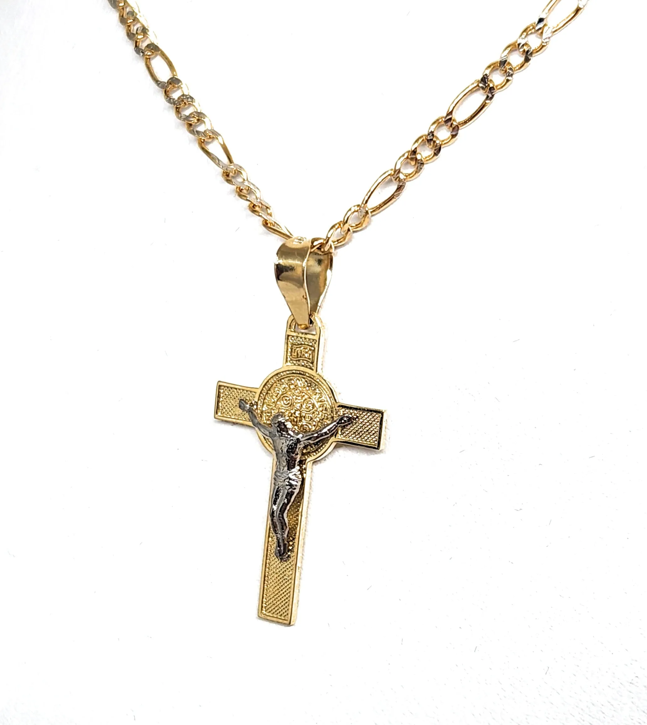 10k Solid Gold Jesus Cross Crucifix & Sann Bennito Pendant Necklace (MADE IN MX)