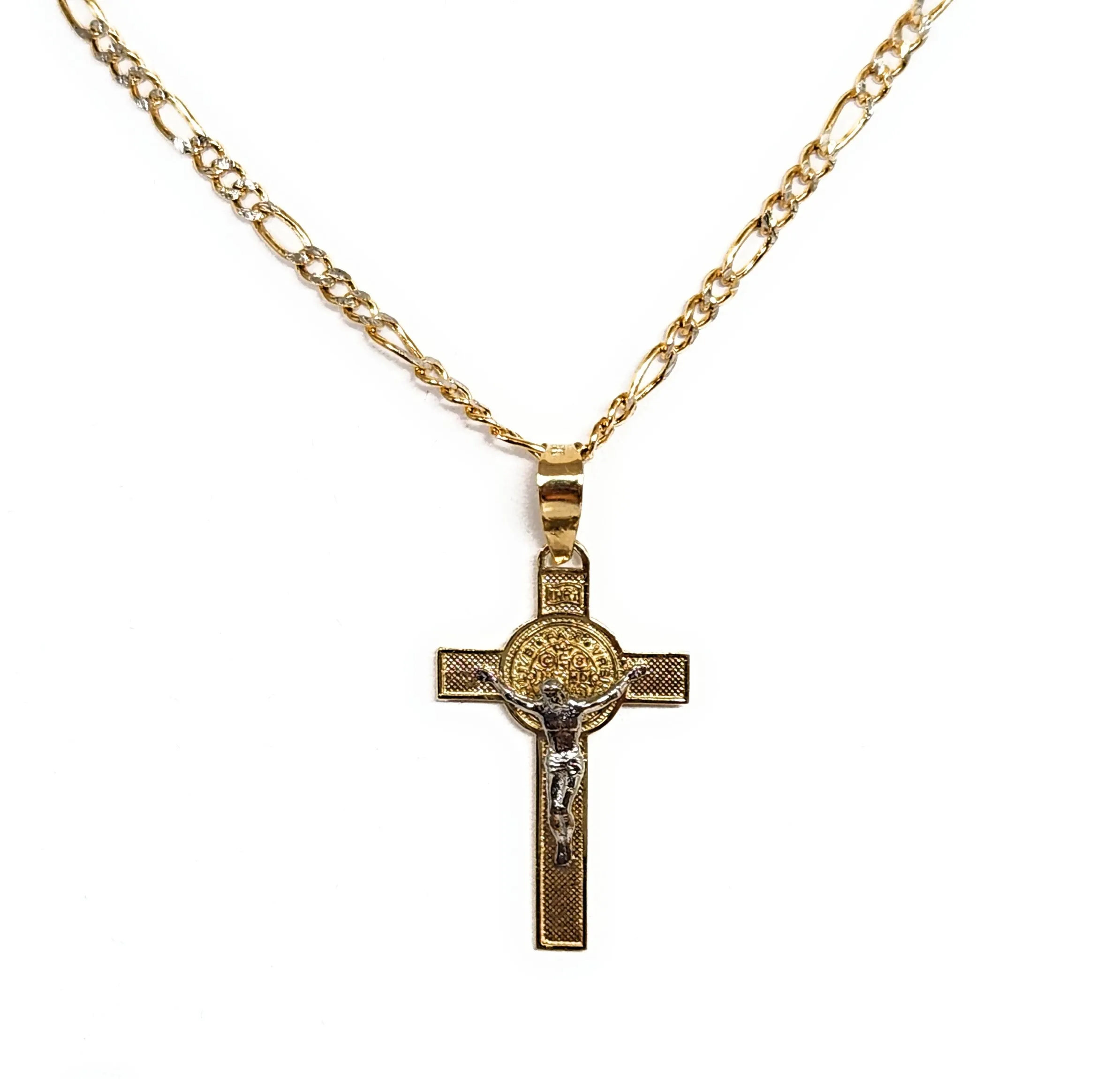 10k Solid Gold Jesus Cross Crucifix & Sann Bennito Pendant Necklace (MADE IN MX)