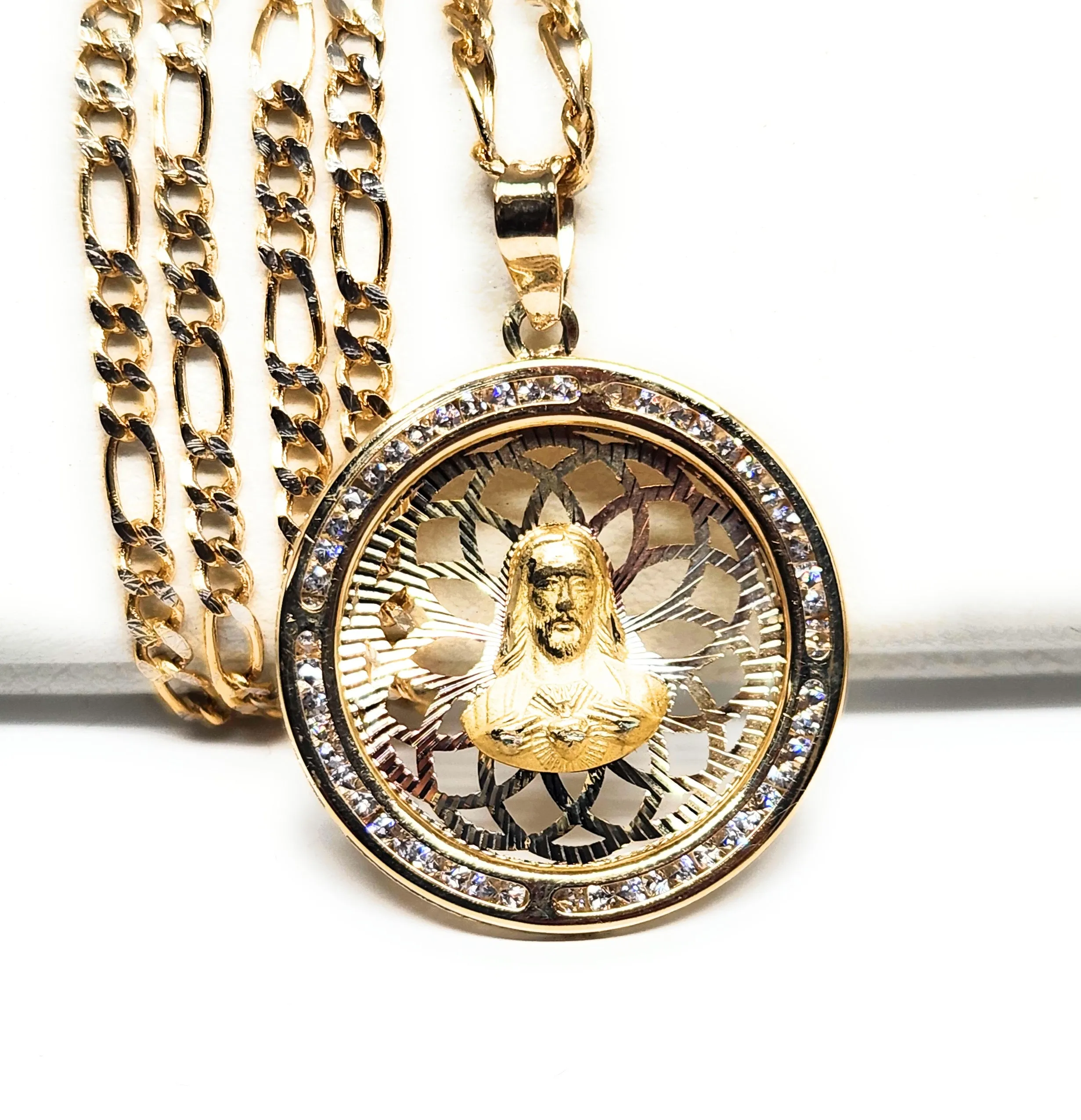 10k Solid Gold Jesus Sagrado Corazon CZ Pendant Necklace (MADE IN MX)