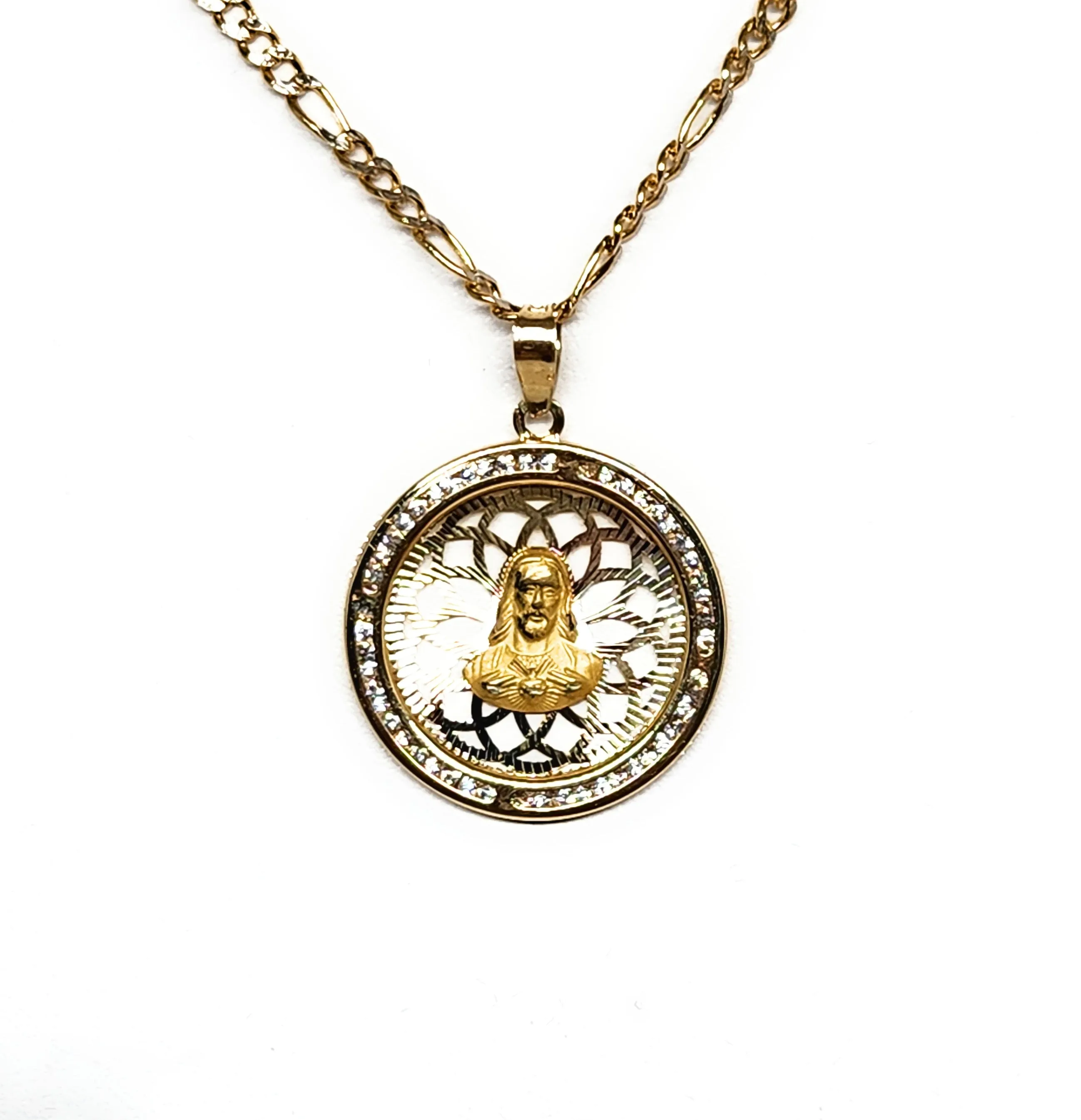 10k Solid Gold Jesus Sagrado Corazon CZ Pendant Necklace (MADE IN MX)