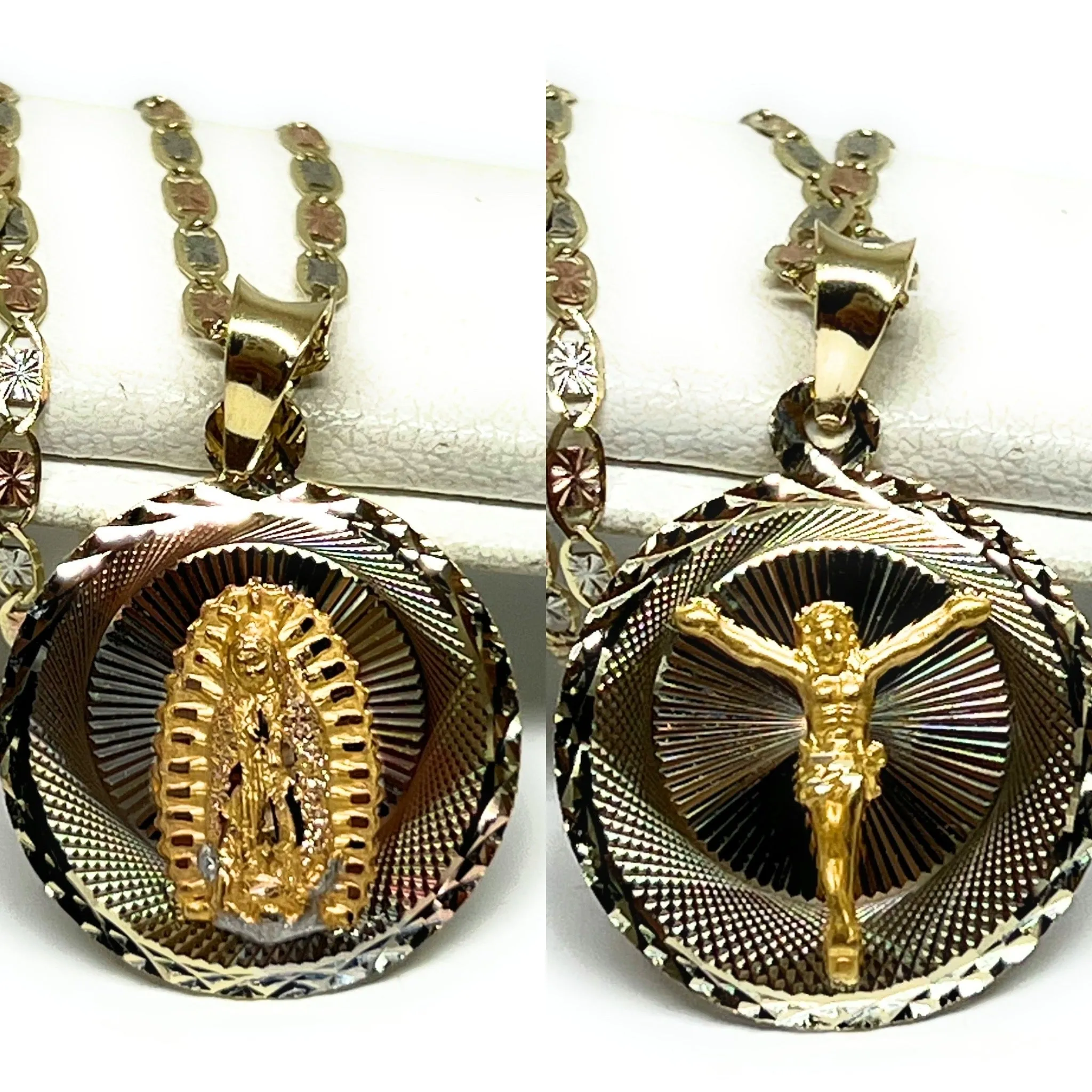 10k Solid Gold Tri-Color Jesus Body Crucifix & Virrgin Mary Double Sided Pendant Necklace (MADE IN MX)