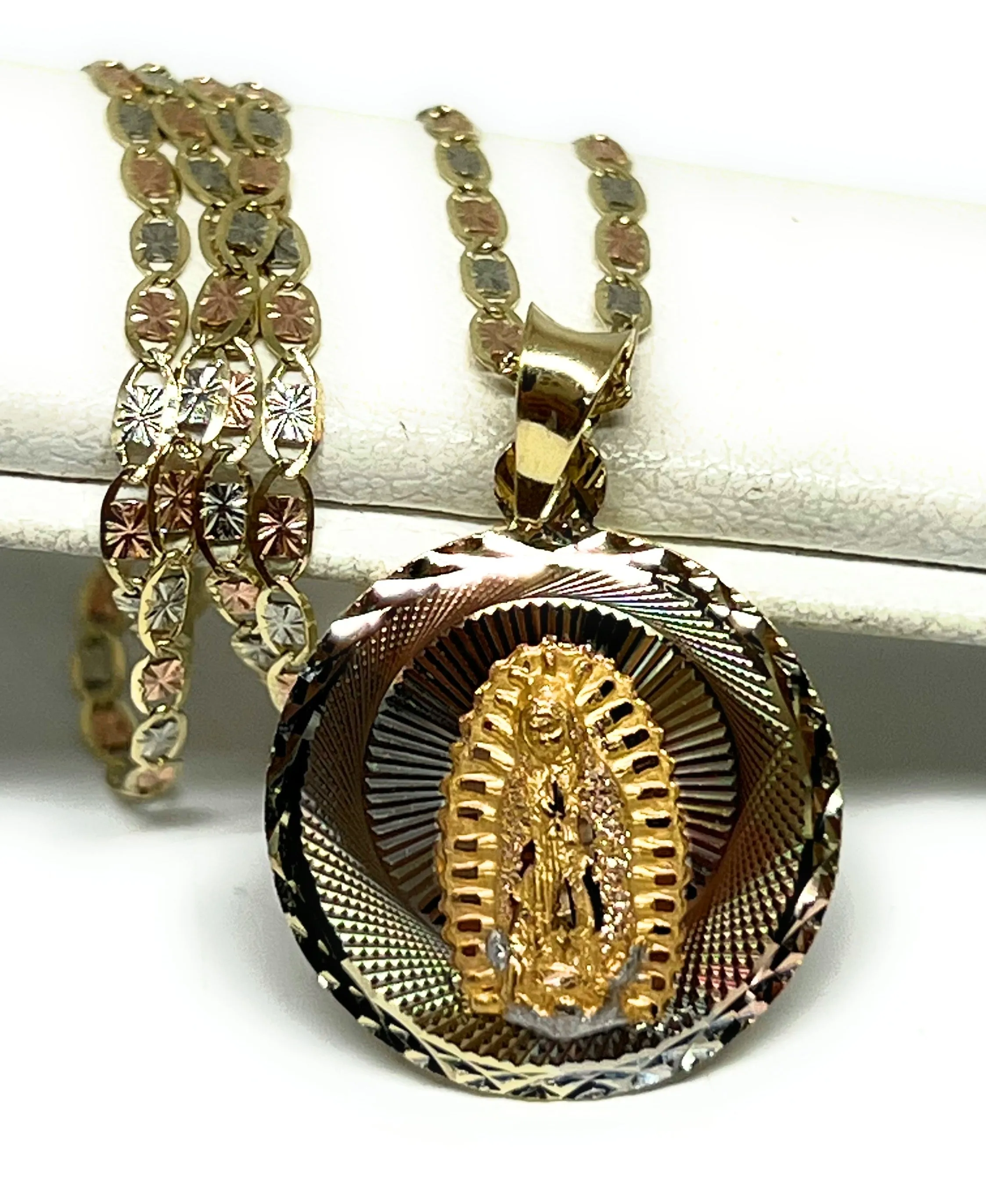 10k Solid Gold Tri-Color Jesus Body Crucifix & Virrgin Mary Double Sided Pendant Necklace (MADE IN MX)