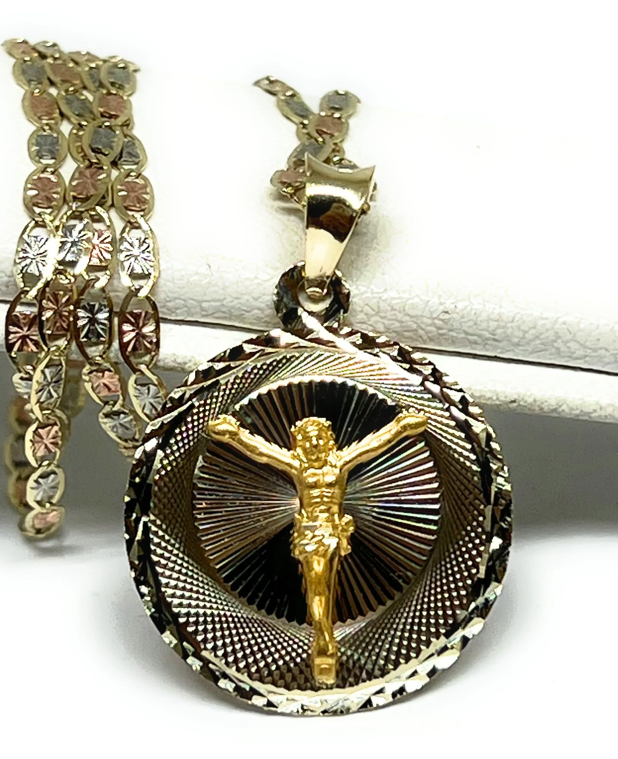 10k Solid Gold Tri-Color Jesus Body Crucifix & Virrgin Mary Double Sided Pendant Necklace (MADE IN MX)