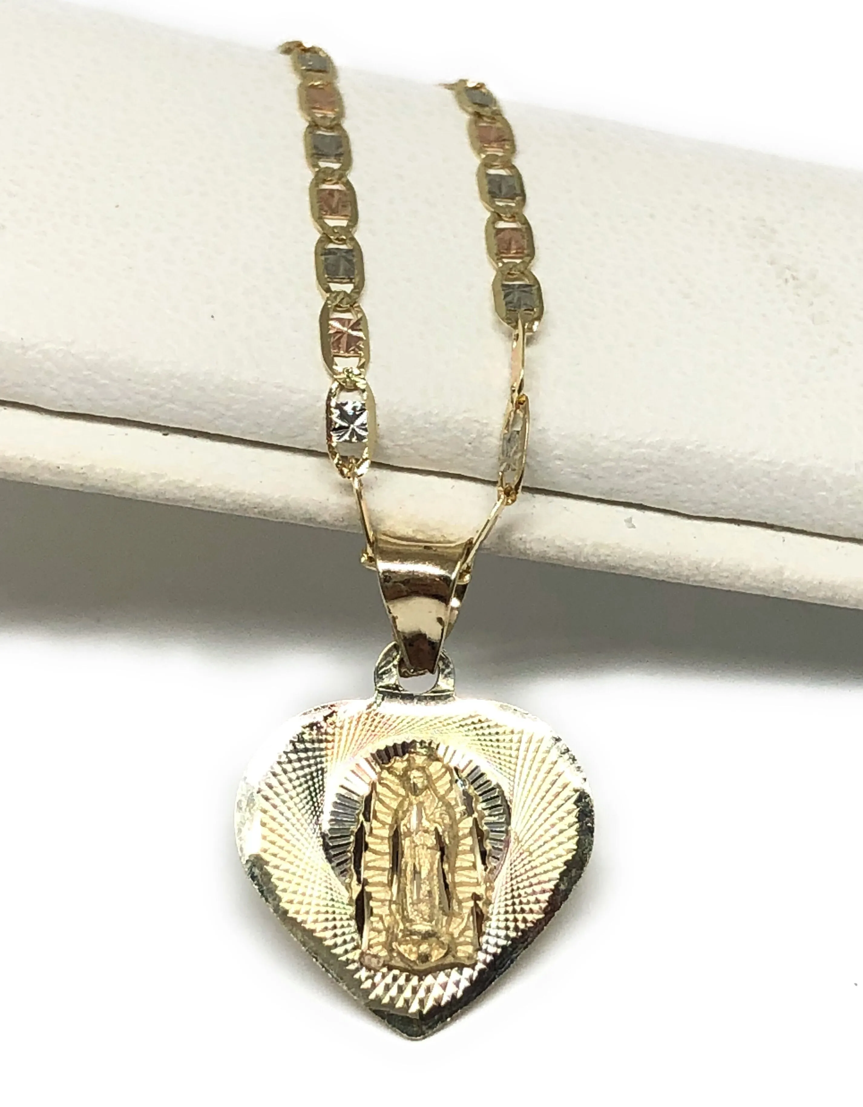 10k Solid Gold Tri-Color Virrgin Mary Heart Pendant Virrgen Guadalupe Tri-Color Necklace (MADE IN MX)