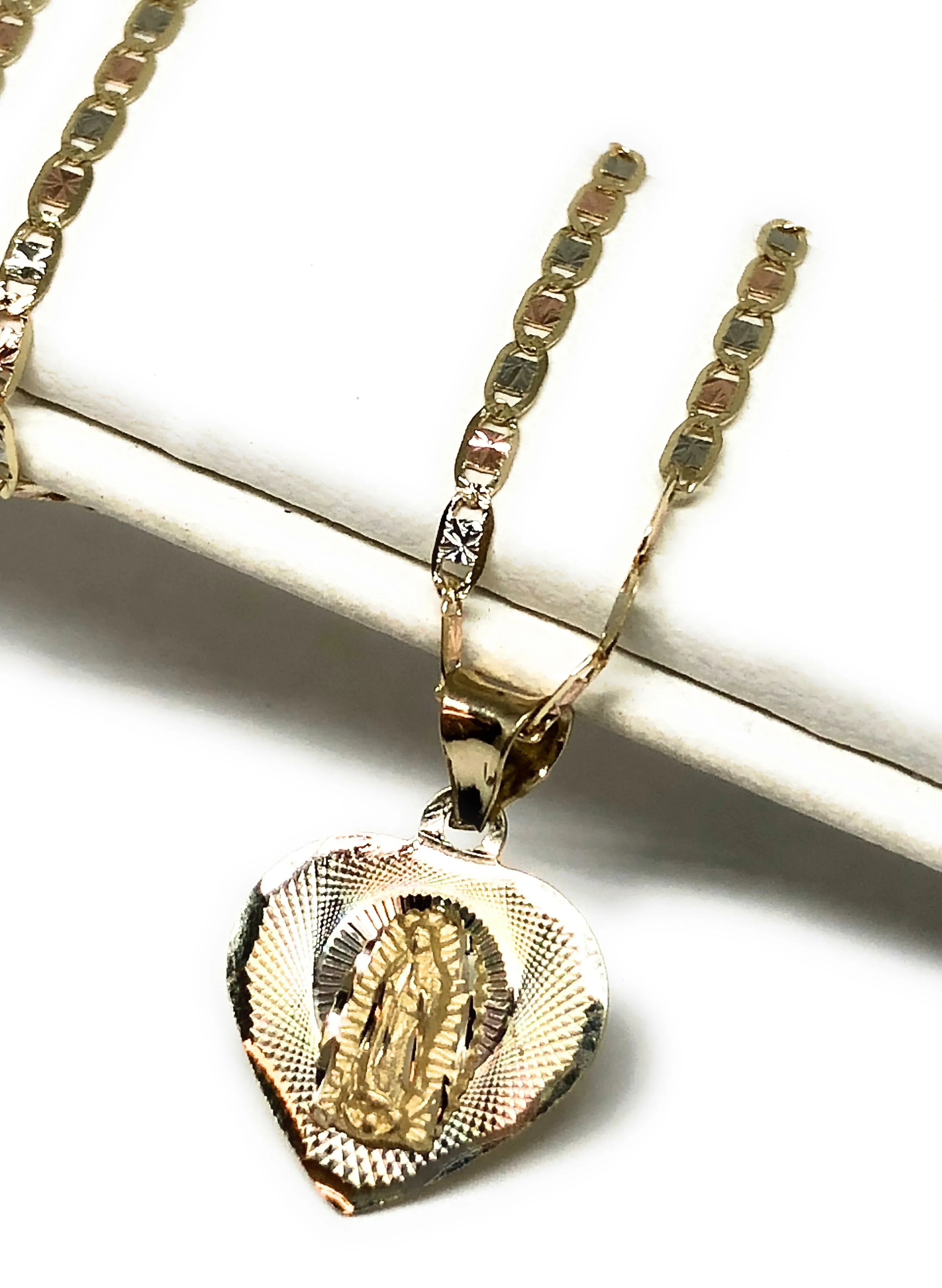 10k Solid Gold Tri-Color Virrgin Mary Heart Pendant Virrgen Guadalupe Tri-Color Necklace (MADE IN MX)