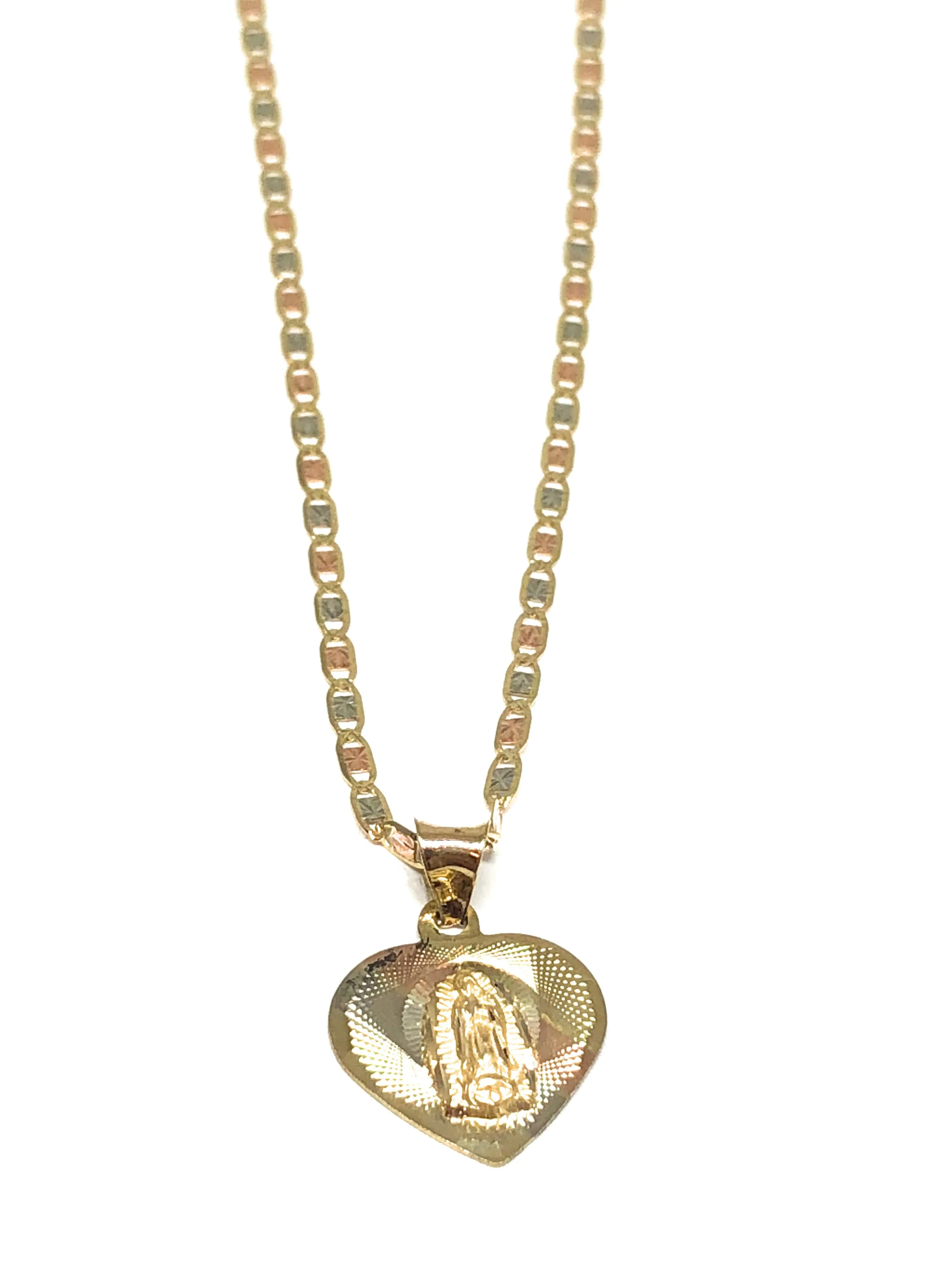 10k Solid Gold Tri-Color Virrgin Mary Heart Pendant Virrgen Guadalupe Tri-Color Necklace (MADE IN MX)