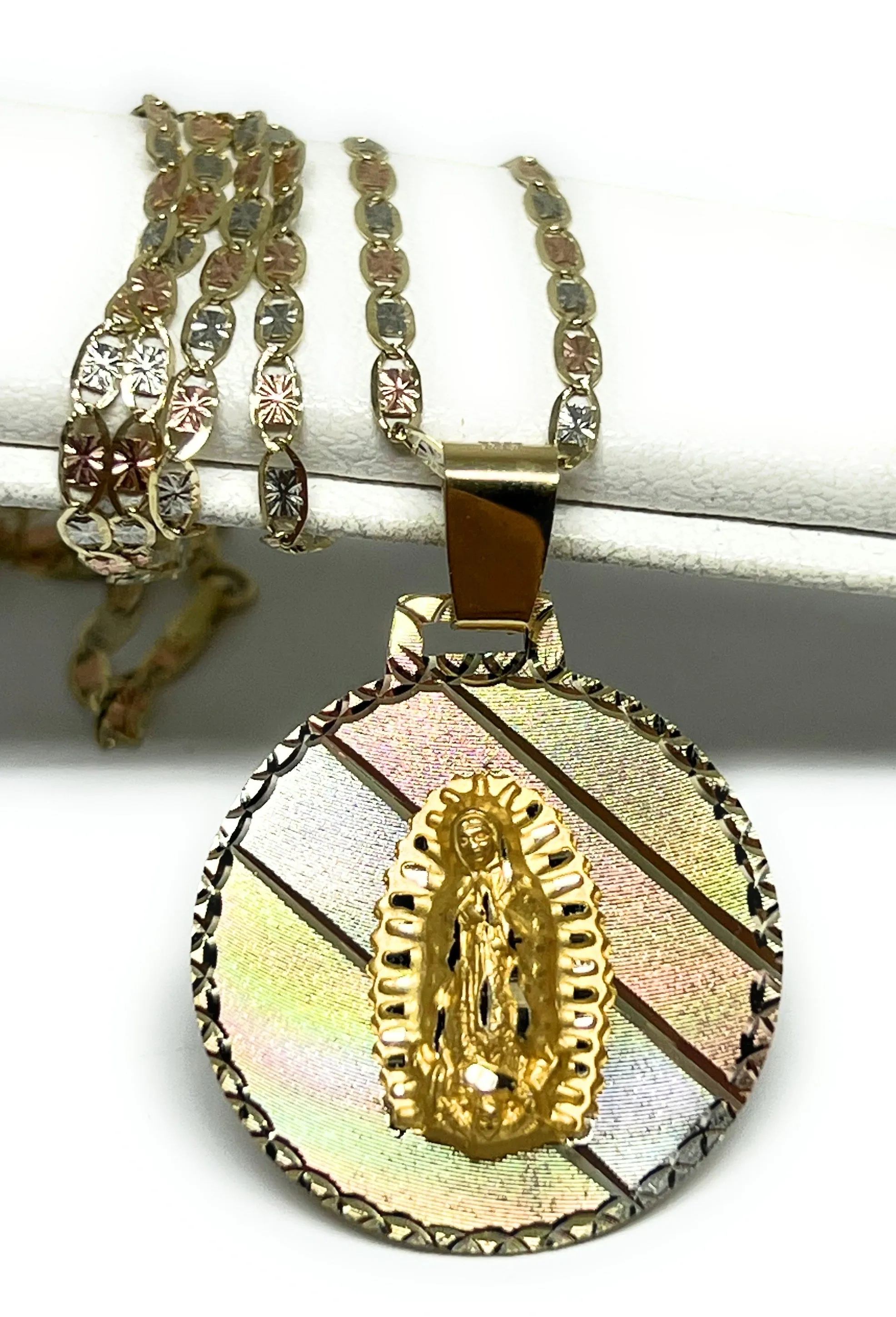 10k Solid Gold Tri-Color Virrgin Mary Pendant Necklace Virrgen Gaudalupe Valentina Chain (SM,MED) (MADE IN MX)