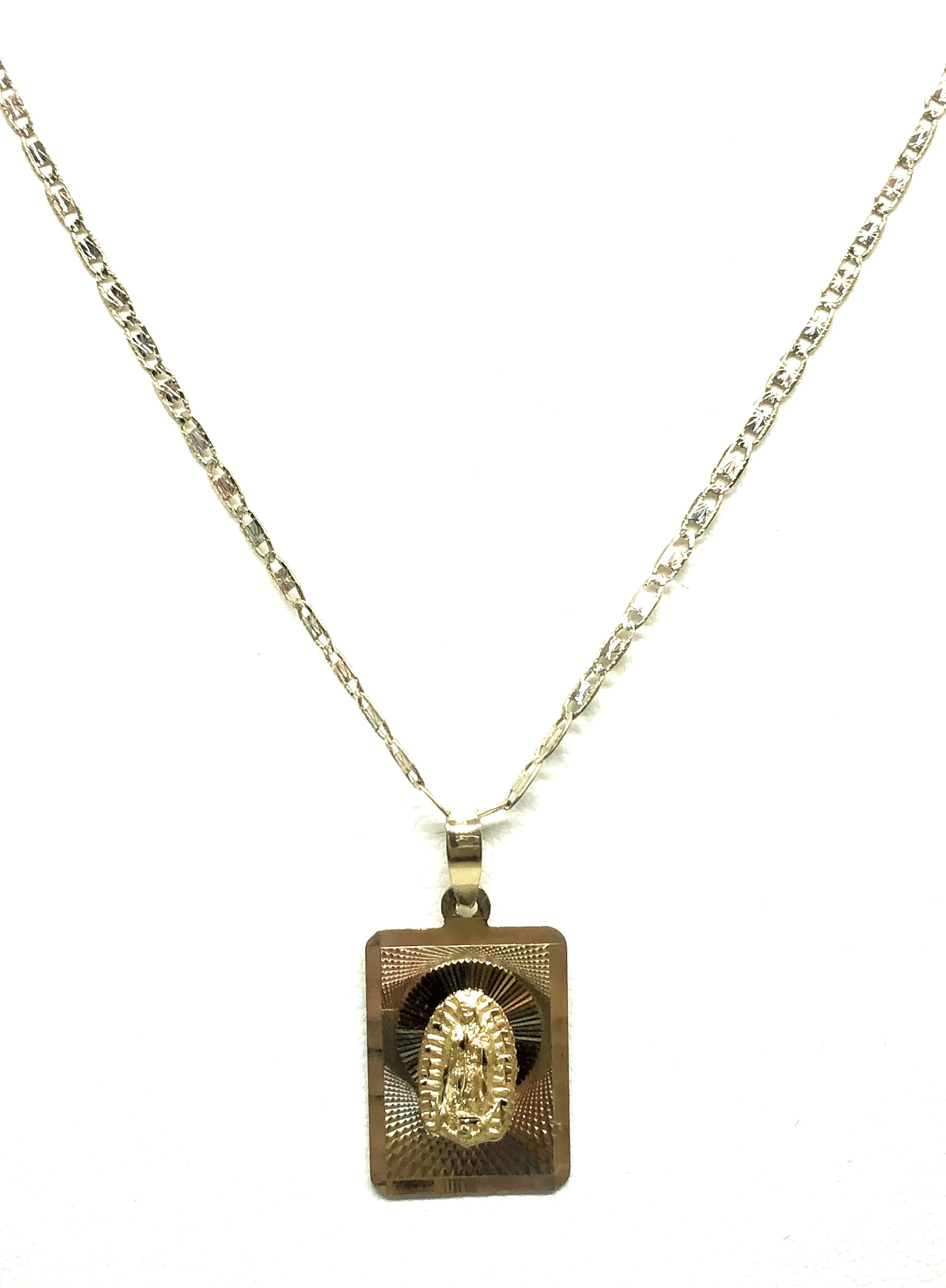 10k Solid Gold Tri-Color Virrgin Mary Square Pendant Necklace Virrgen Gaudalupe Chain (MED, SM) (MADE IN MX)