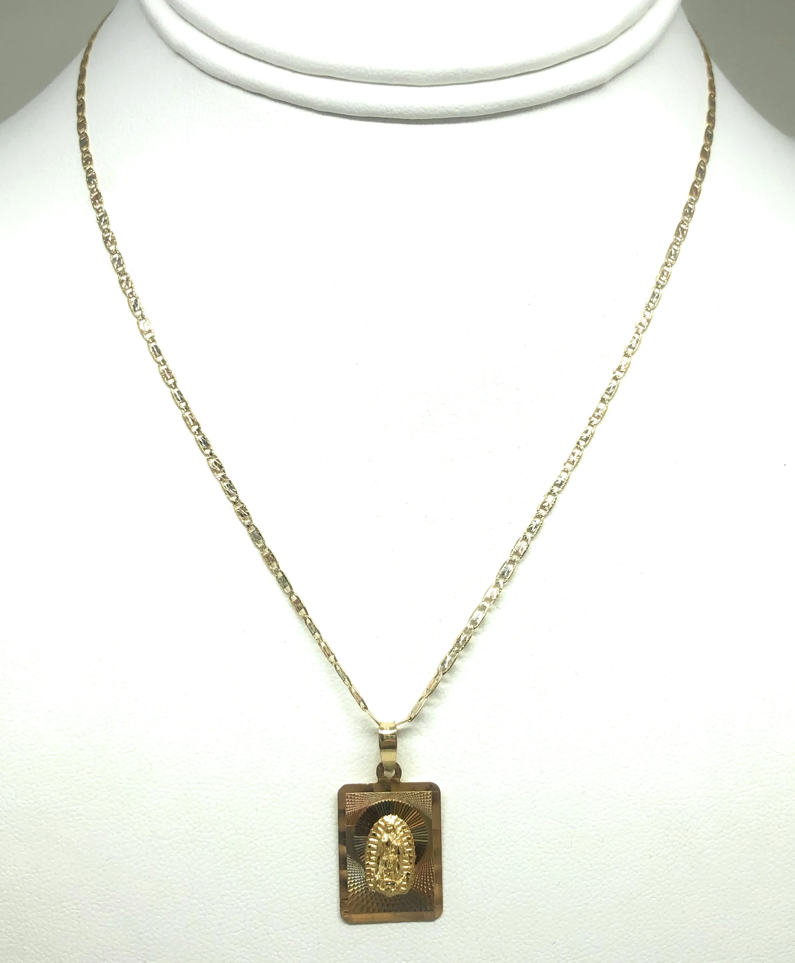 10k Solid Gold Tri-Color Virrgin Mary Square Pendant Necklace Virrgen Gaudalupe Chain (MED, SM) (MADE IN MX)