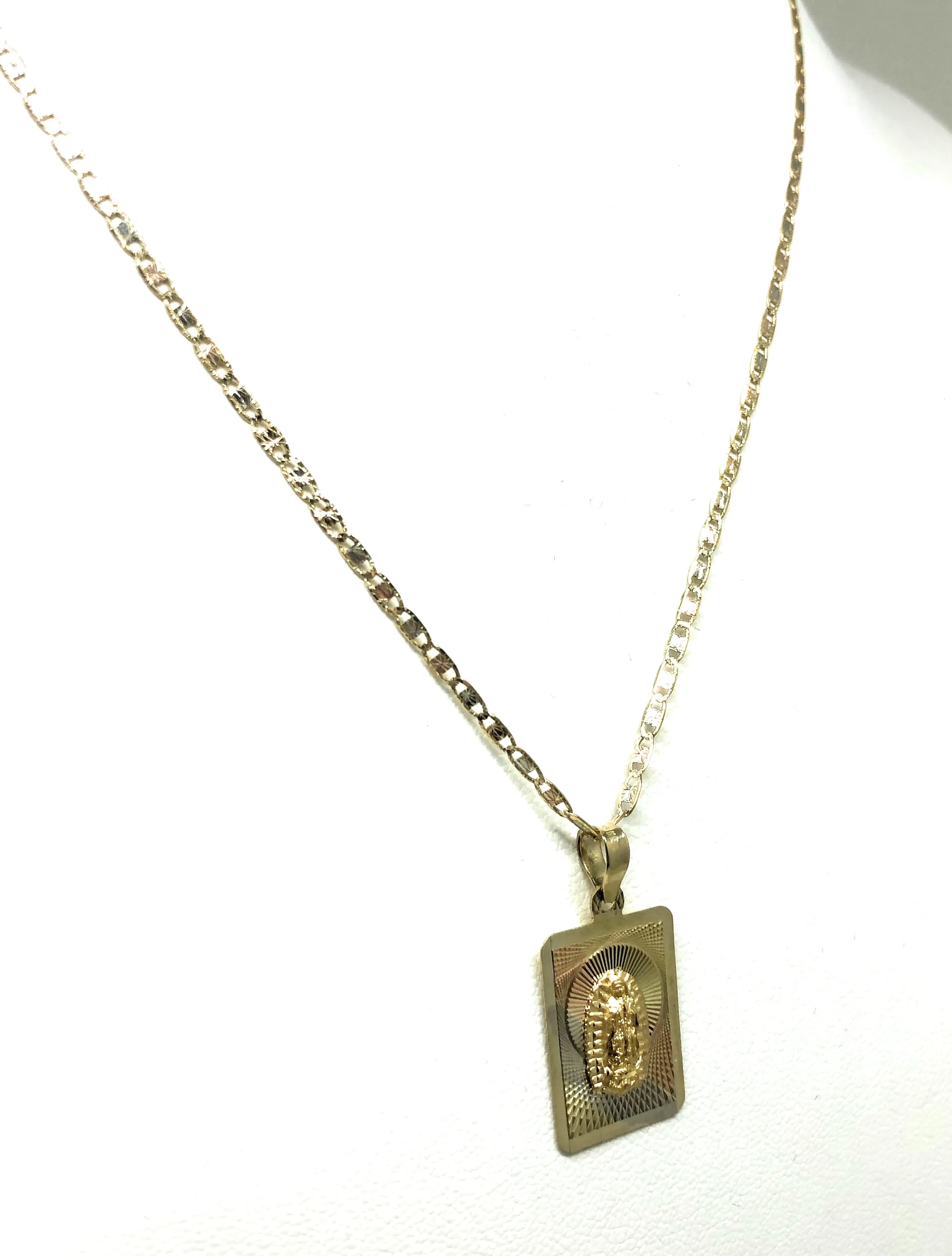 10k Solid Gold Tri-Color Virrgin Mary Square Pendant Necklace Virrgen Gaudalupe Chain (MED, SM) (MADE IN MX)