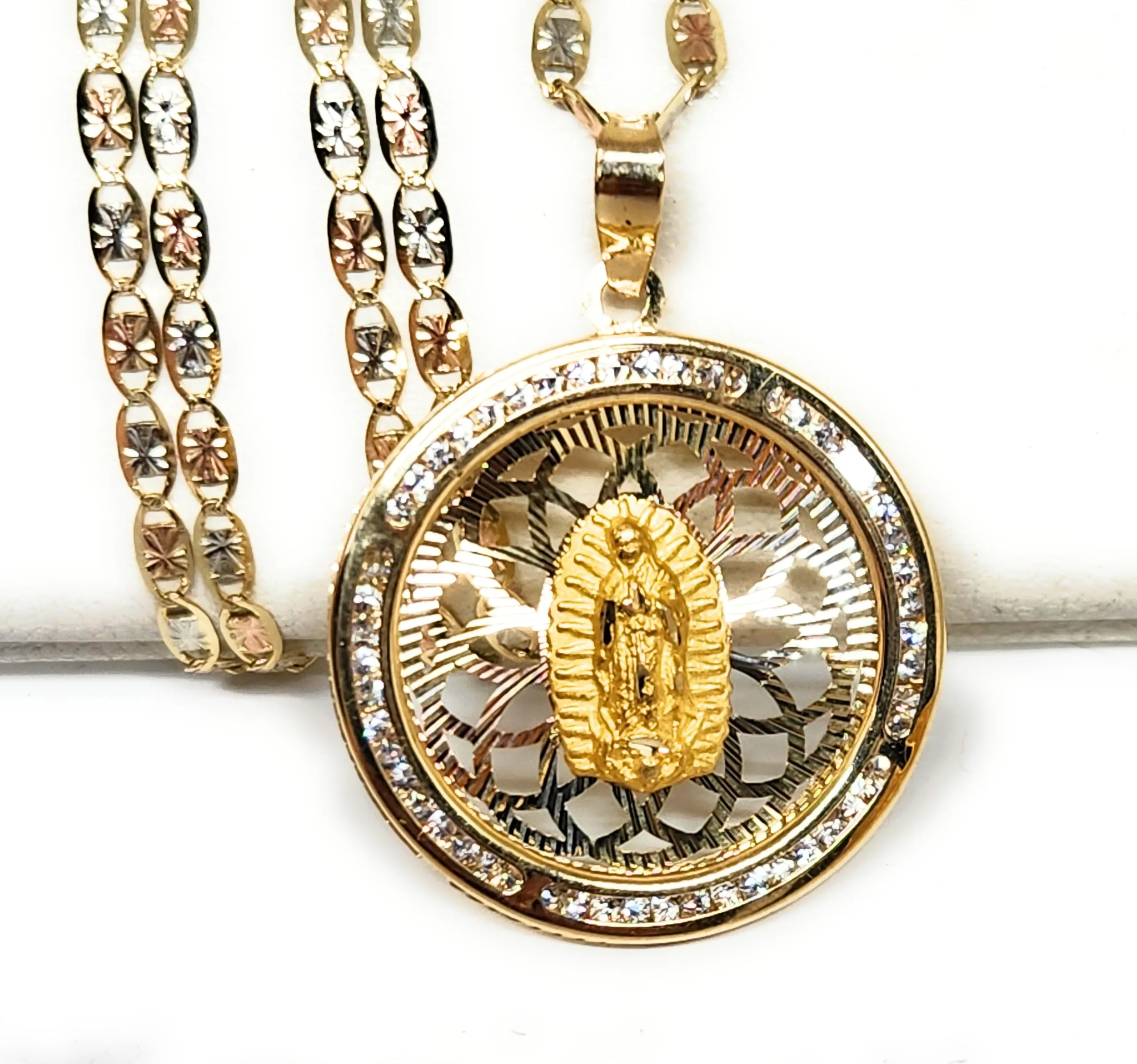 10k Solid Gold Virrgin Mary CZ Pendant Necklace  Virrgen Gaudalupe  (MADE IN MX)