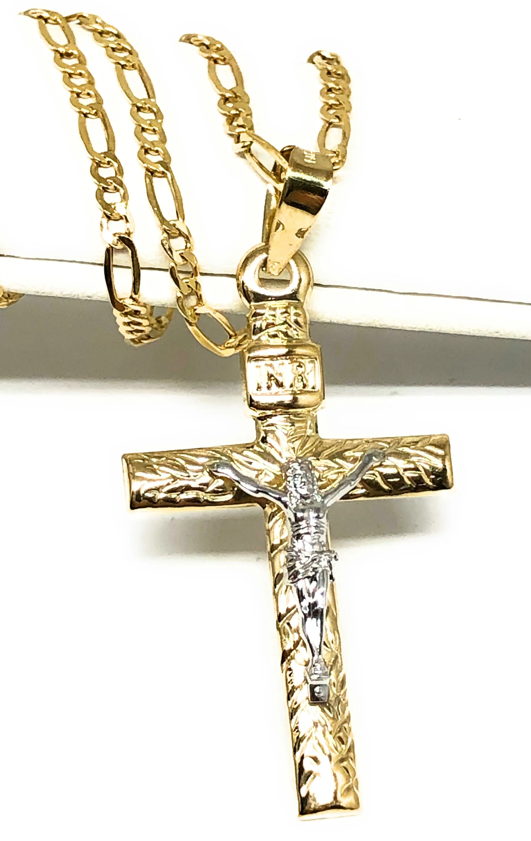 10k Solid Gold Yellow 2-Tone Jesus INRI Cross Crucifix Pendant Necklace (MADE IN MX)