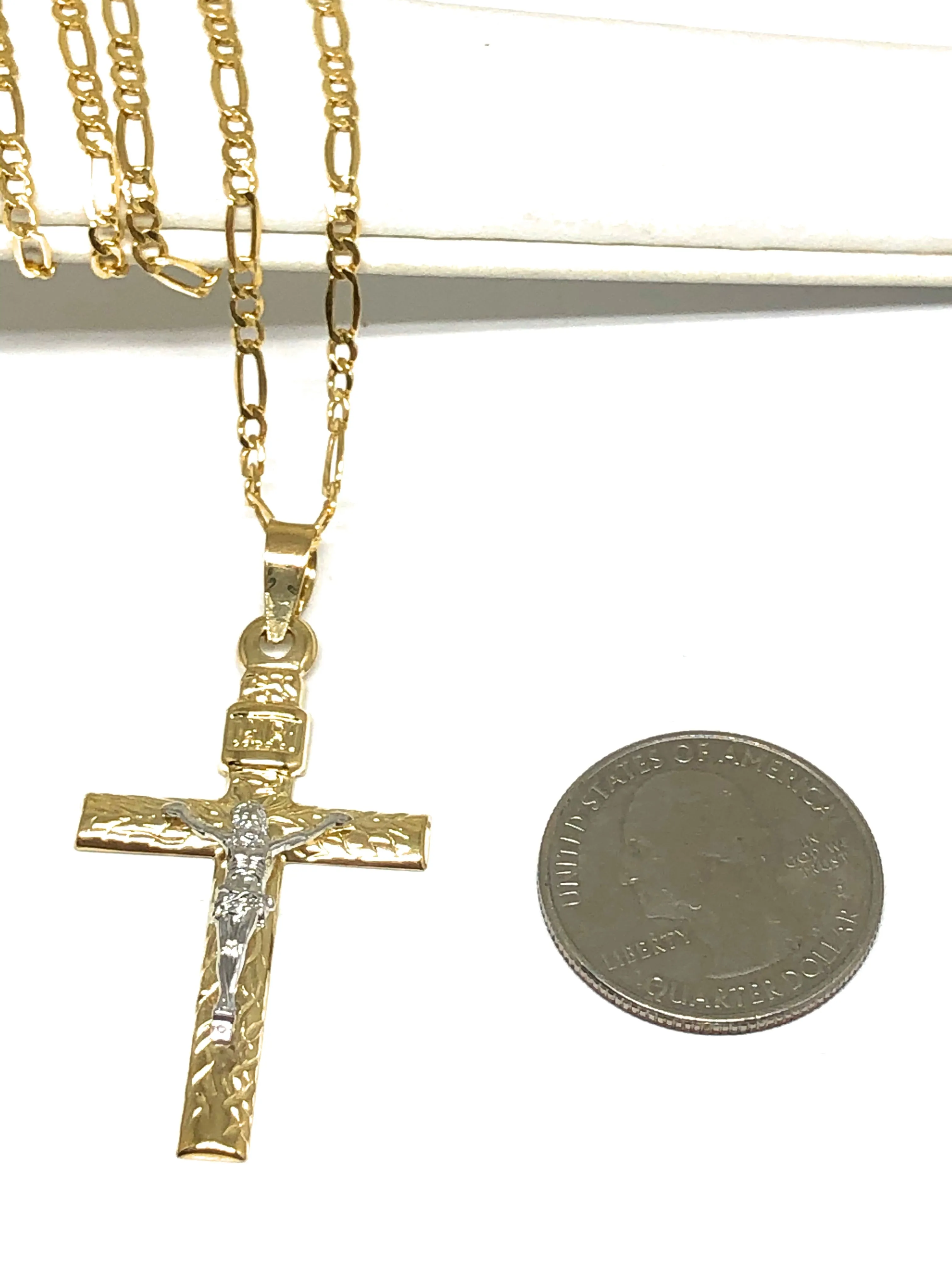 10k Solid Gold Yellow 2-Tone Jesus INRI Cross Crucifix Pendant Necklace (MADE IN MX)