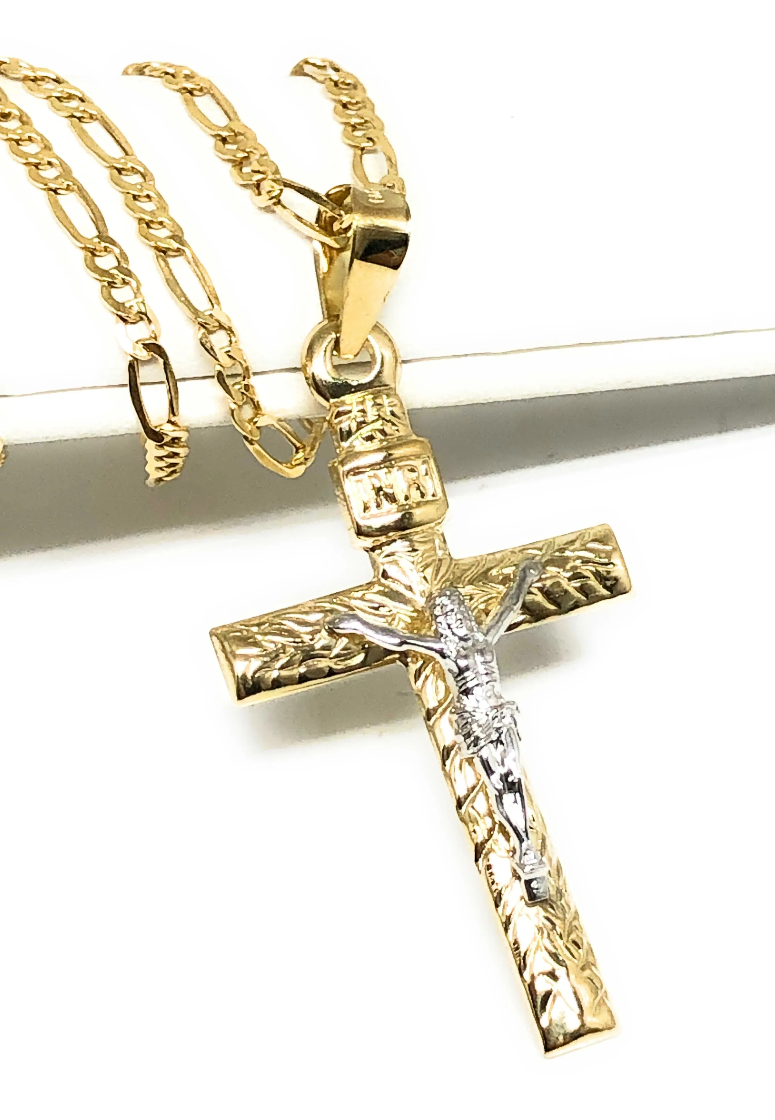 10k Solid Gold Yellow 2-Tone Jesus INRI Cross Crucifix Pendant Necklace (MADE IN MX)