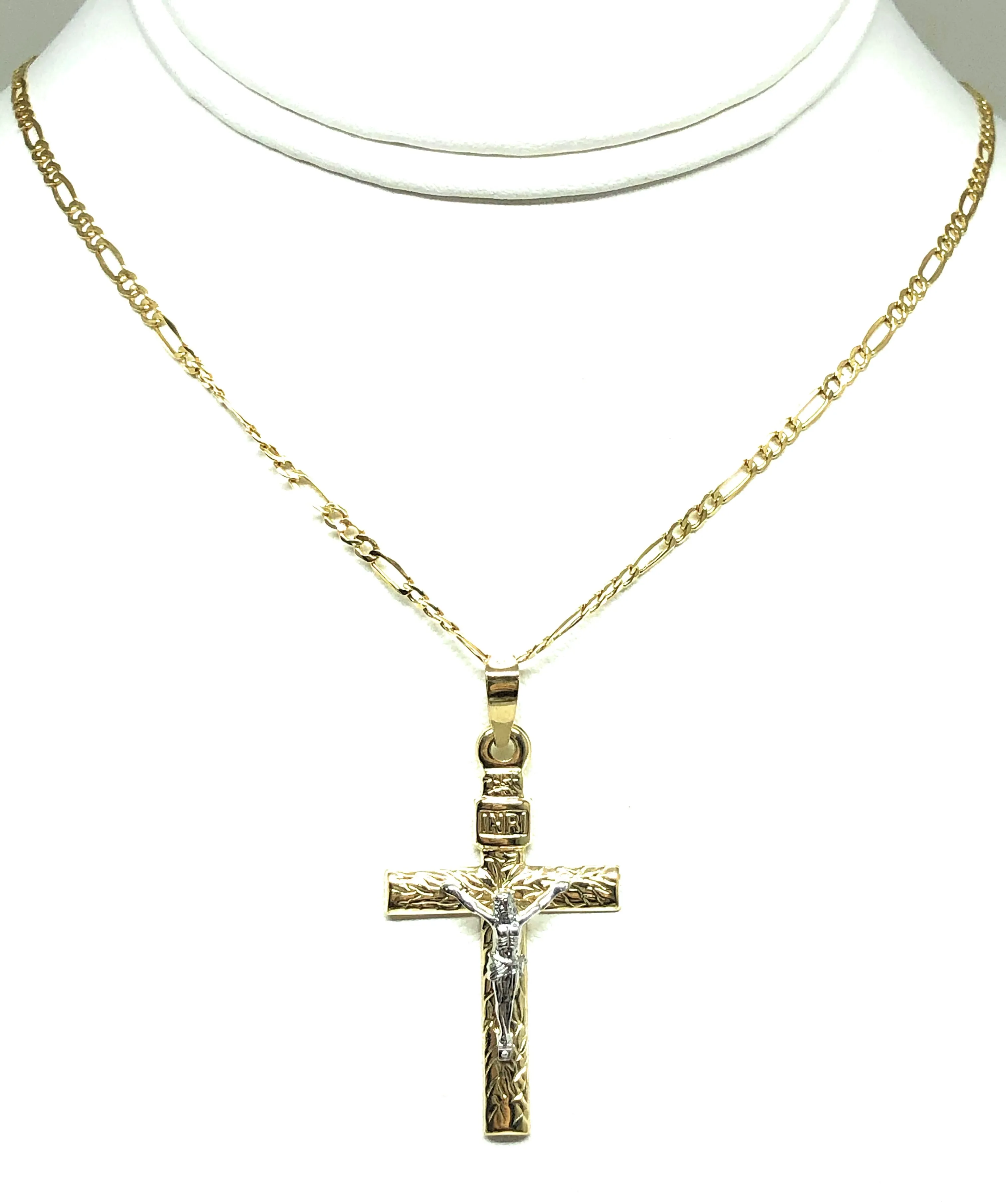 10k Solid Gold Yellow 2-Tone Jesus INRI Cross Crucifix Pendant Necklace (MADE IN MX)