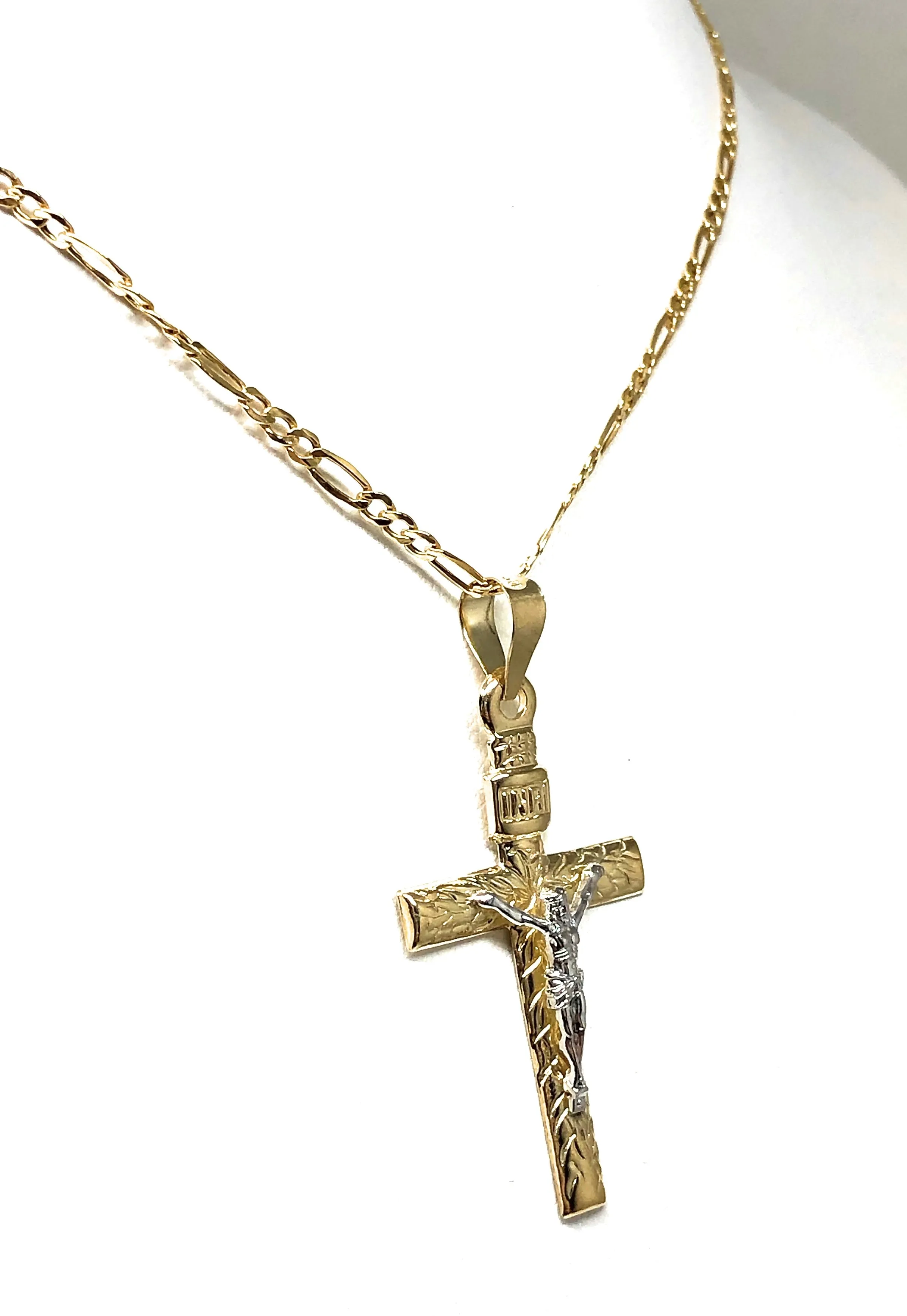 10k Solid Gold Yellow 2-Tone Jesus INRI Cross Crucifix Pendant Necklace (MADE IN MX)