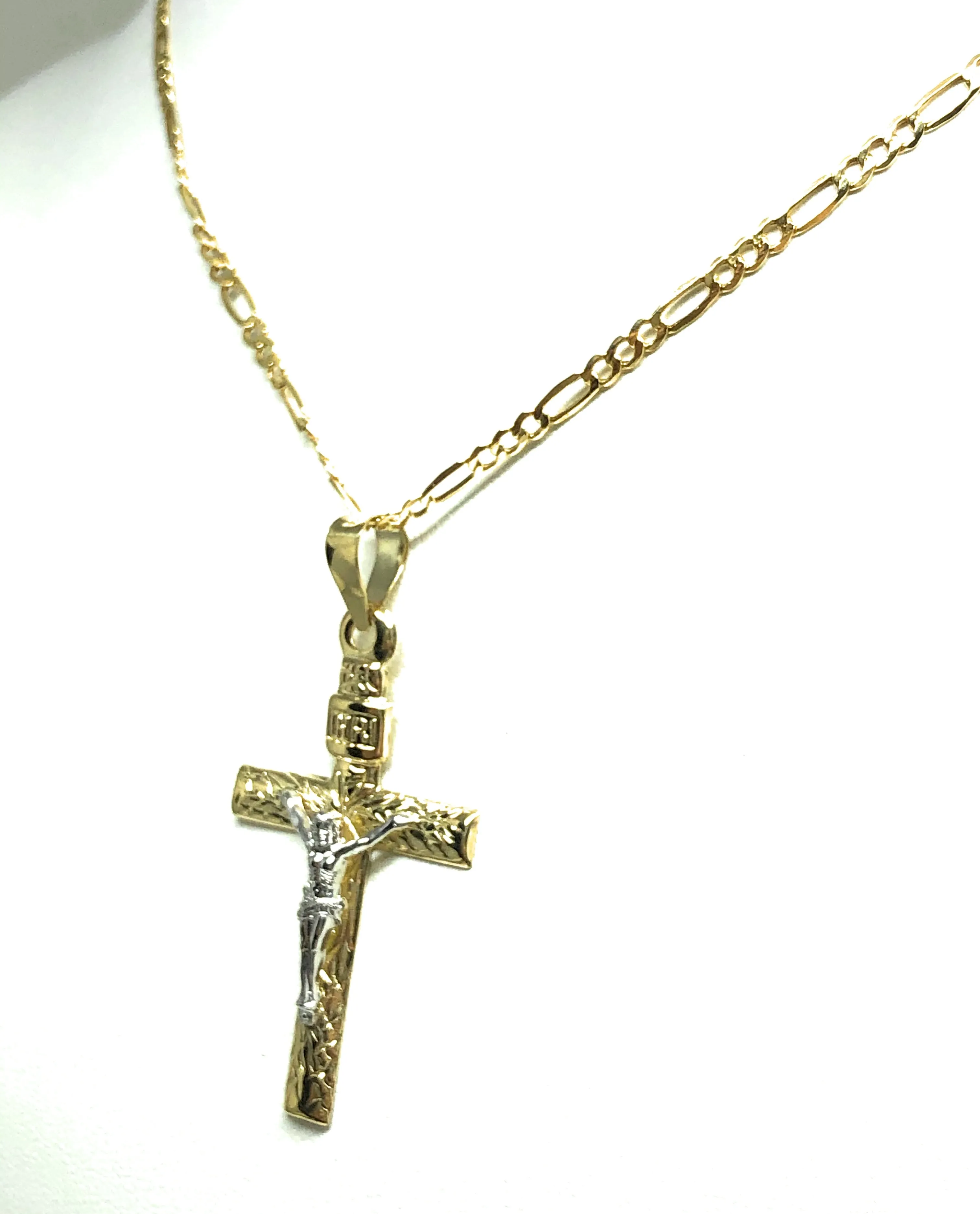 10k Solid Gold Yellow 2-Tone Jesus INRI Cross Crucifix Pendant Necklace (MADE IN MX)