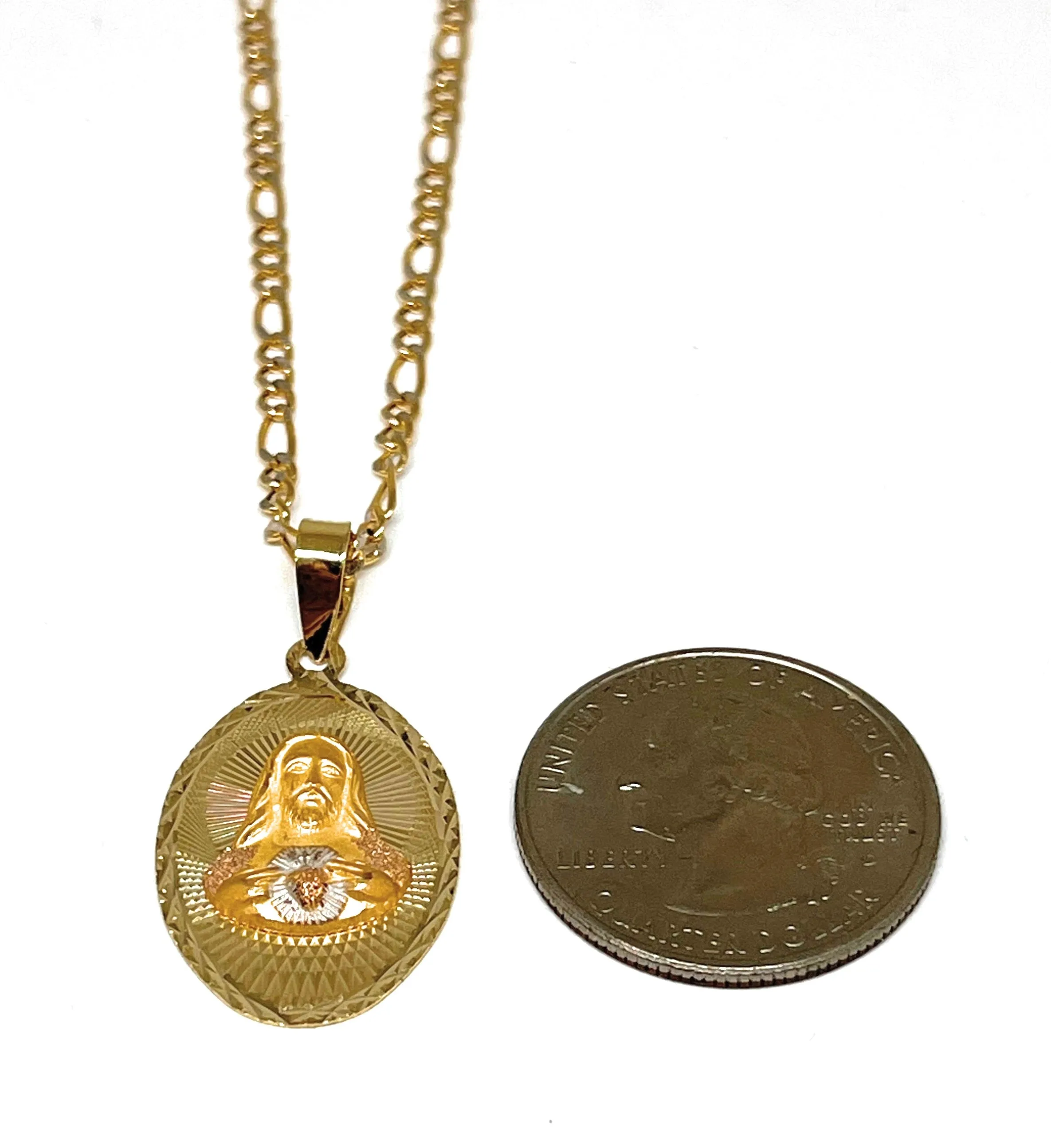 10k Solid Gold Yellow Gold Classic Jesus Sagrado Corazon Oval Pendant Necklace (MADE IN MX)