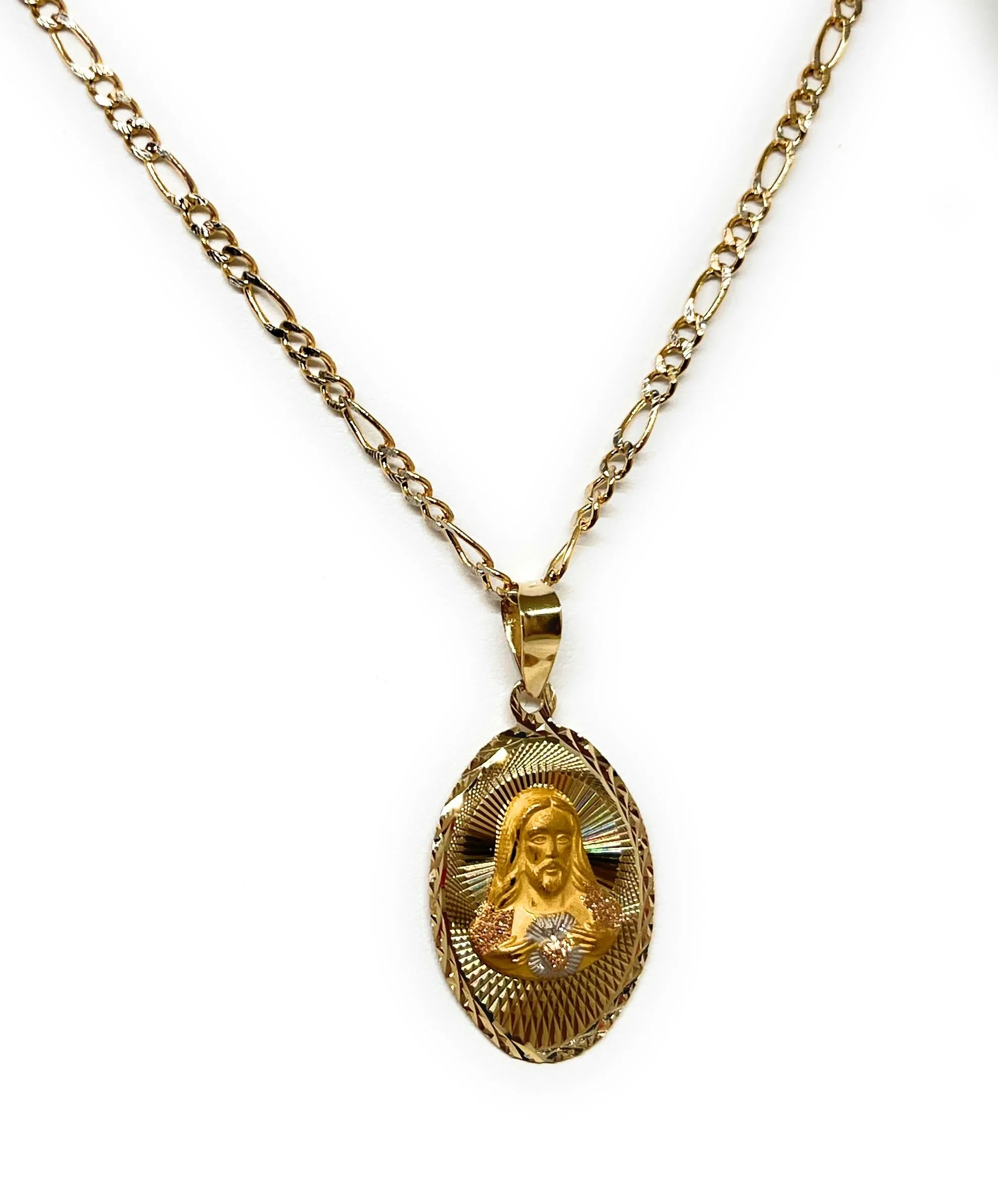 10k Solid Gold Yellow Gold Classic Jesus Sagrado Corazon Oval Pendant Necklace (MADE IN MX)