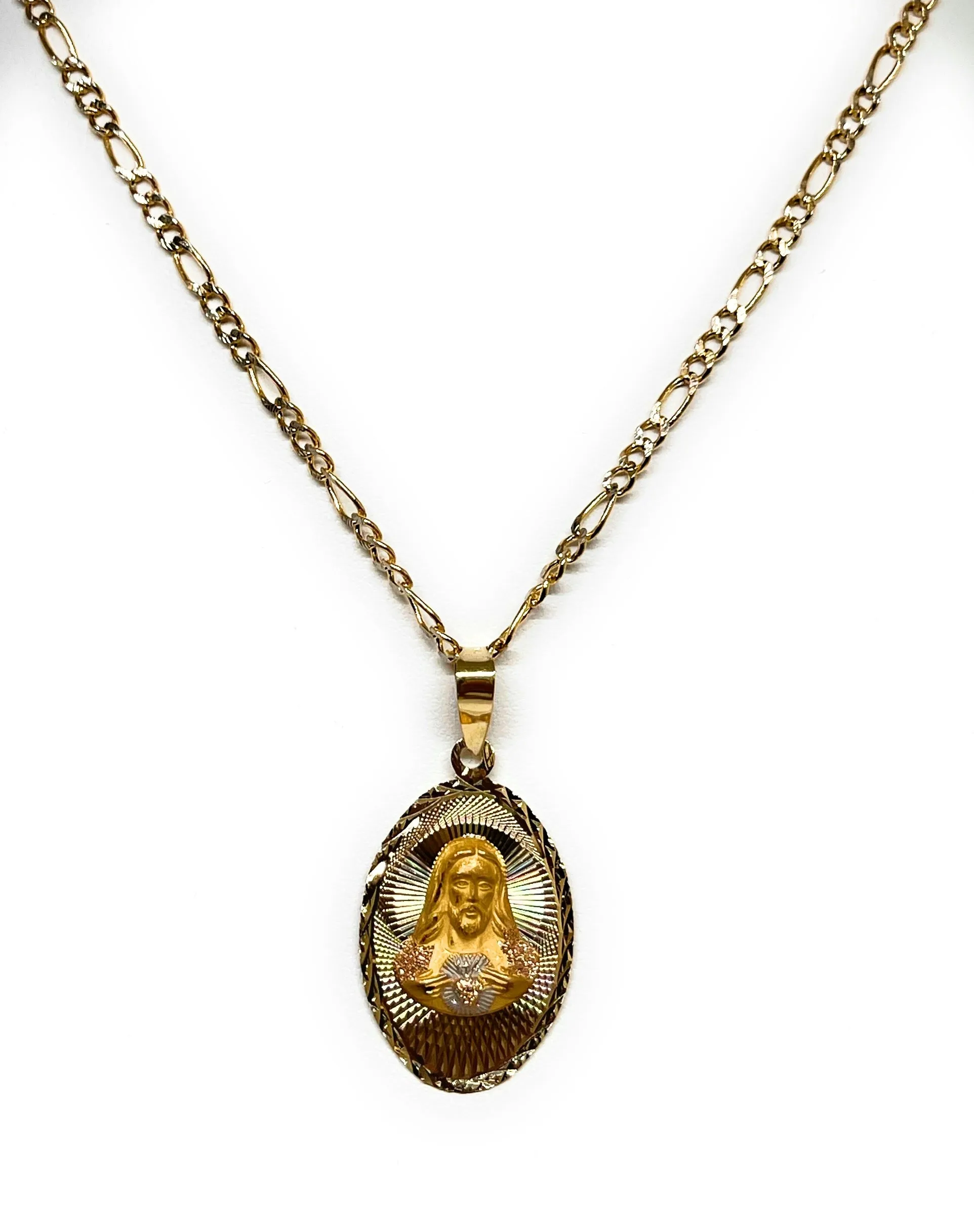 10k Solid Gold Yellow Gold Classic Jesus Sagrado Corazon Oval Pendant Necklace (MADE IN MX)