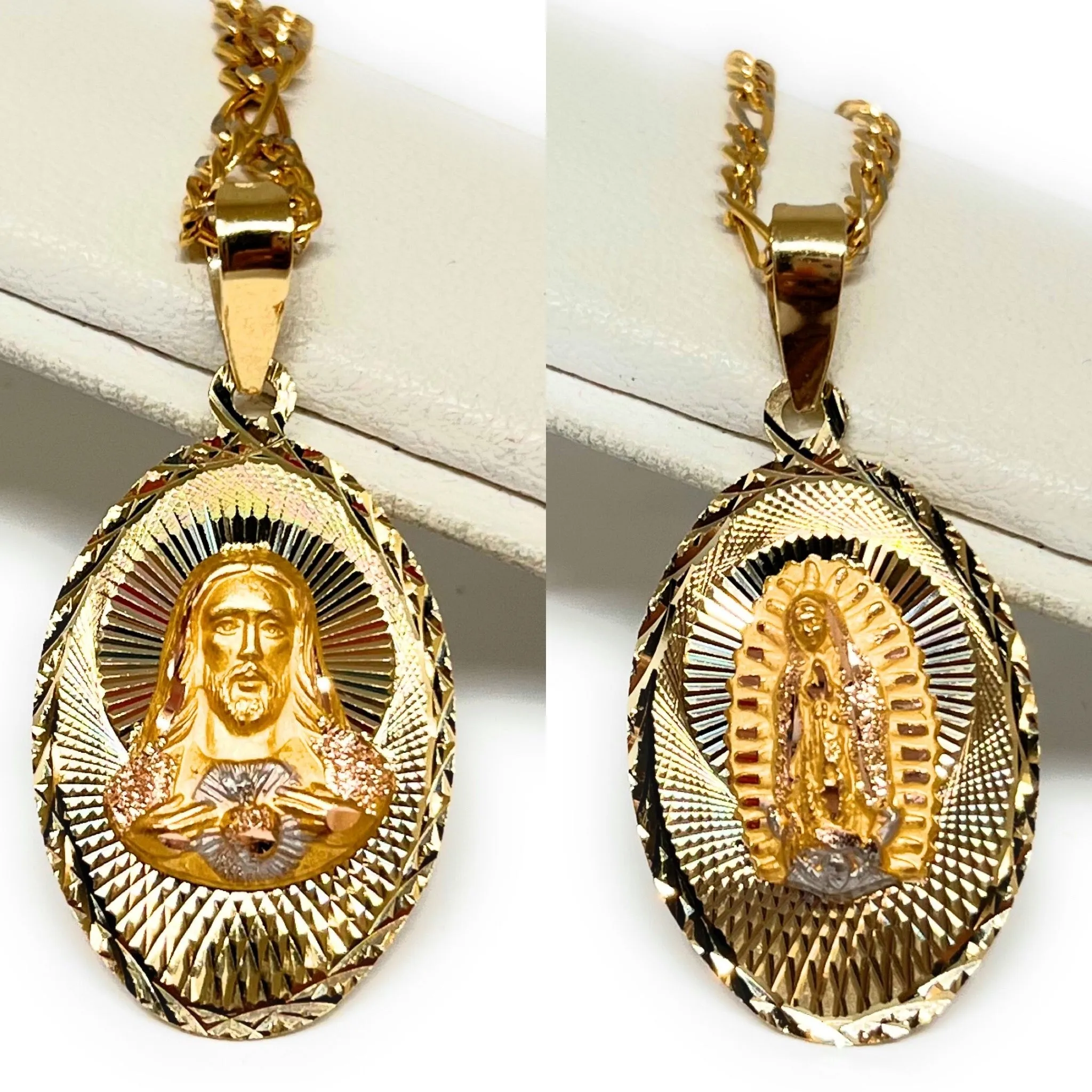 10k Solid Gold Yellow Gold Jesus Sagrado Corazon & Virrgin Mary Double Sided Pendant Necklace (MADE IN MX)