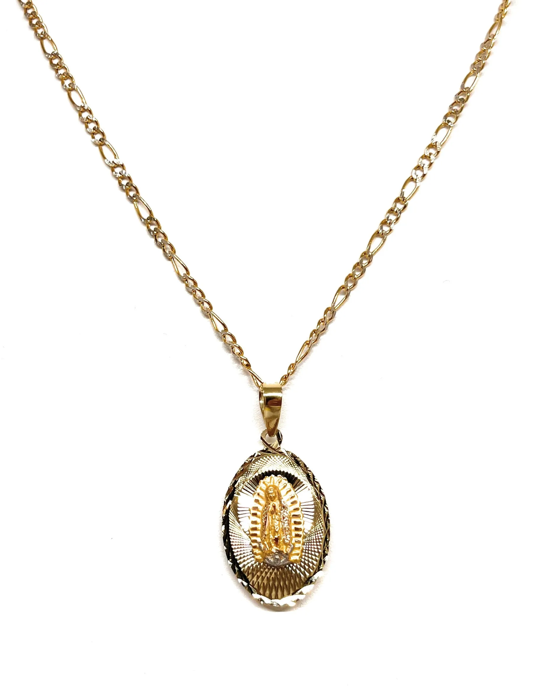 10k Solid Gold Yellow Gold Jesus Sagrado Corazon & Virrgin Mary Double Sided Pendant Necklace (MADE IN MX)