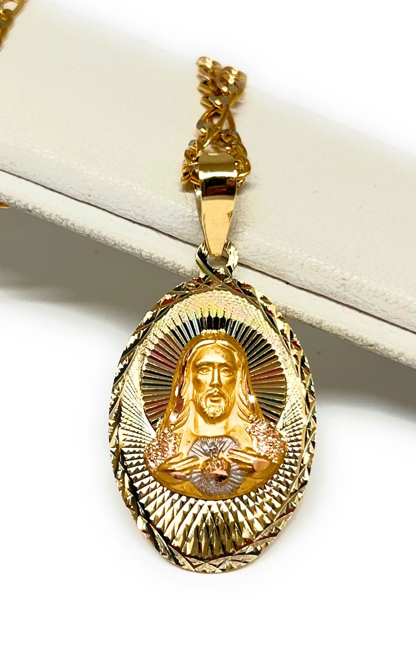 10k Solid Gold Yellow Gold Jesus Sagrado Corazon & Virrgin Mary Double Sided Pendant Necklace (MADE IN MX)