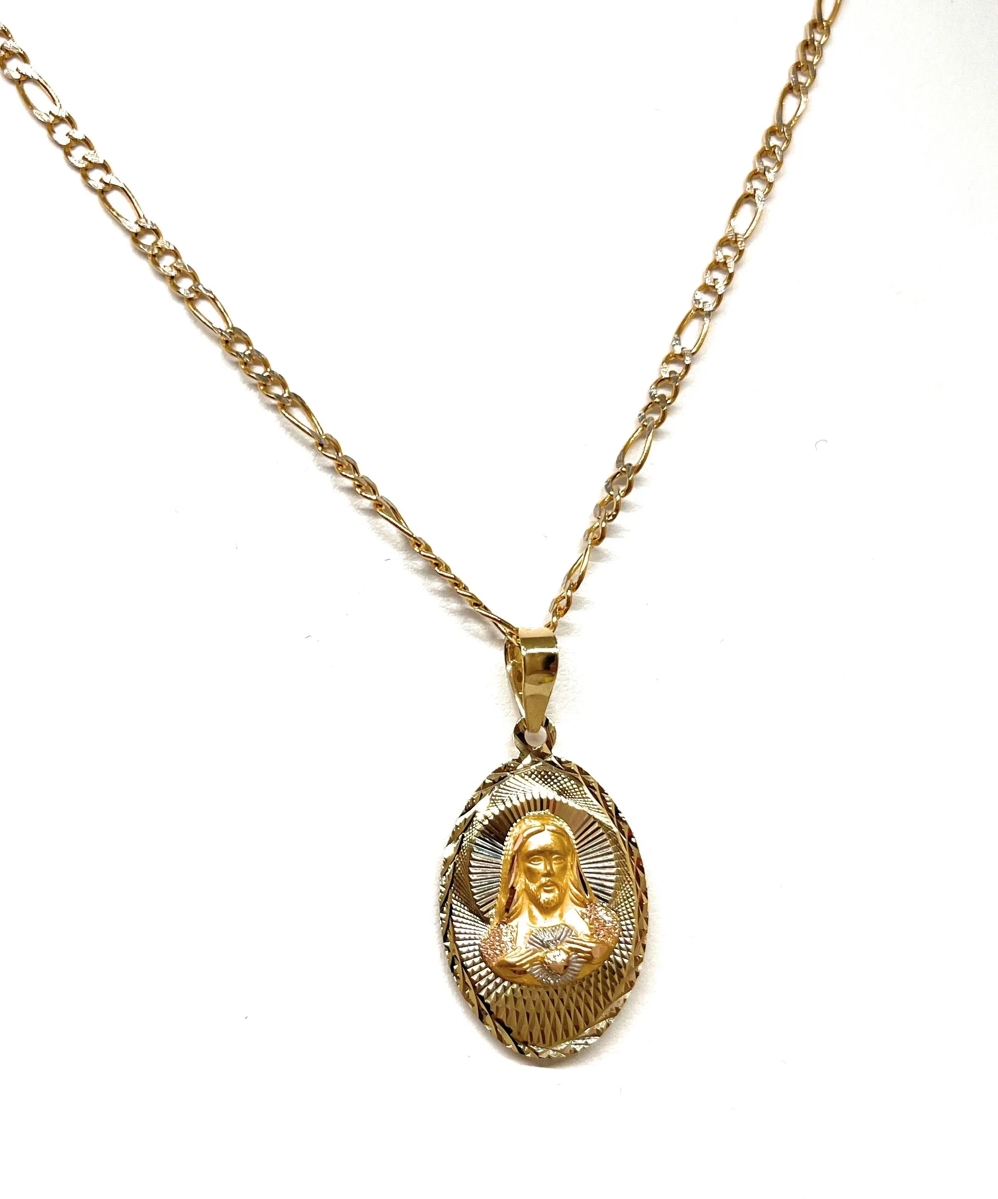 10k Solid Gold Yellow Gold Jesus Sagrado Corazon & Virrgin Mary Double Sided Pendant Necklace (MADE IN MX)