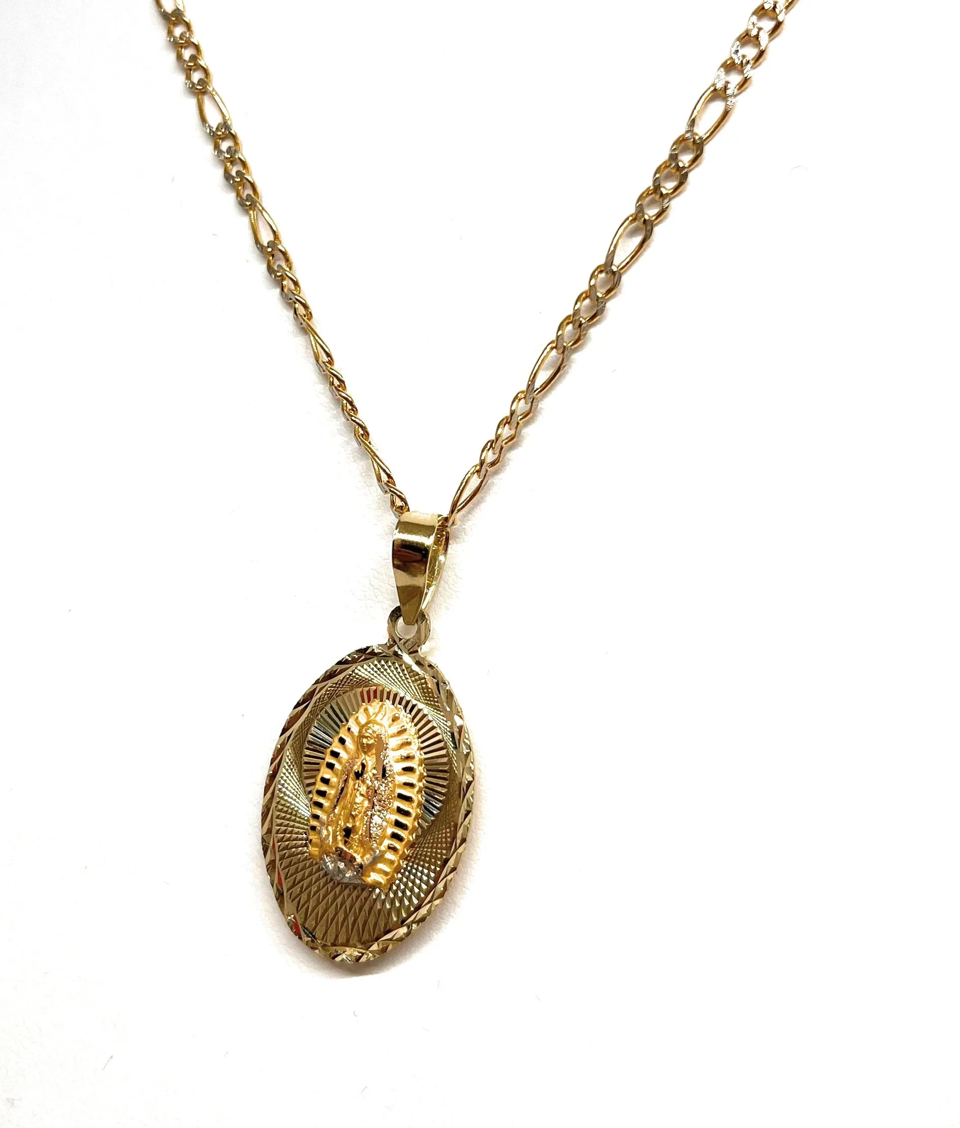 10k Solid Gold Yellow Gold Jesus Sagrado Corazon & Virrgin Mary Double Sided Pendant Necklace (MADE IN MX)