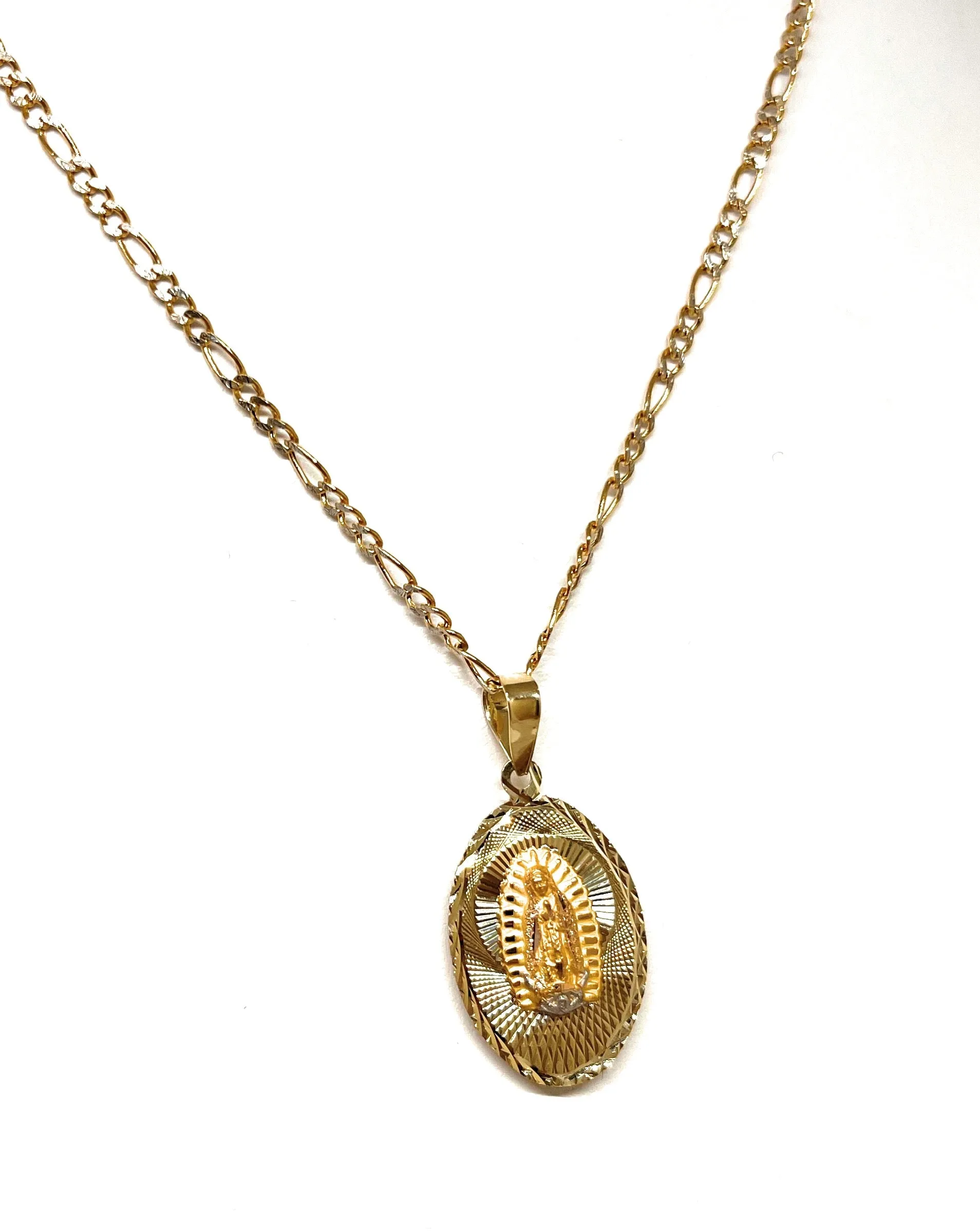 10k Solid Gold Yellow Gold Jesus Sagrado Corazon & Virrgin Mary Double Sided Pendant Necklace (MADE IN MX)