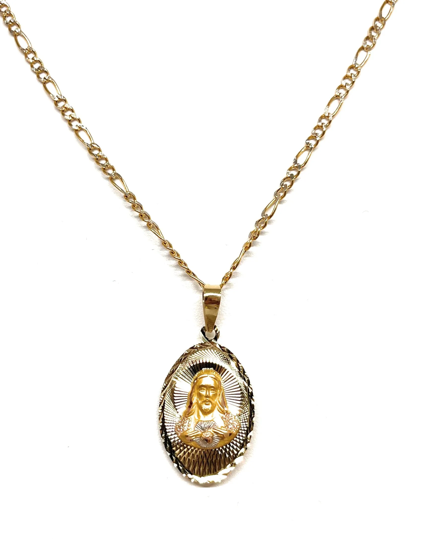 10k Solid Gold Yellow Gold Jesus Sagrado Corazon & Virrgin Mary Double Sided Pendant Necklace (MADE IN MX)