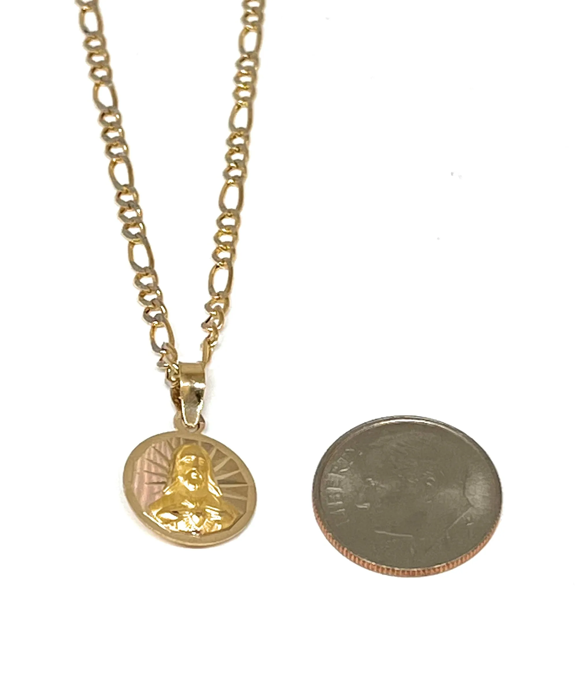 10k Solid Gold Yellow Gold Jesus Sagrado Corazon & Virrgin Mary Double Sided Pendant Necklace (SMALL) (MADE IN MX)