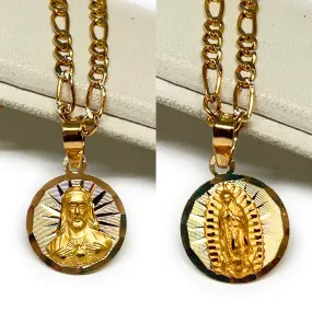 10k Solid Gold Yellow Gold Jesus Sagrado Corazon & Virrgin Mary Double Sided Pendant Necklace (SMALL) (MADE IN MX)