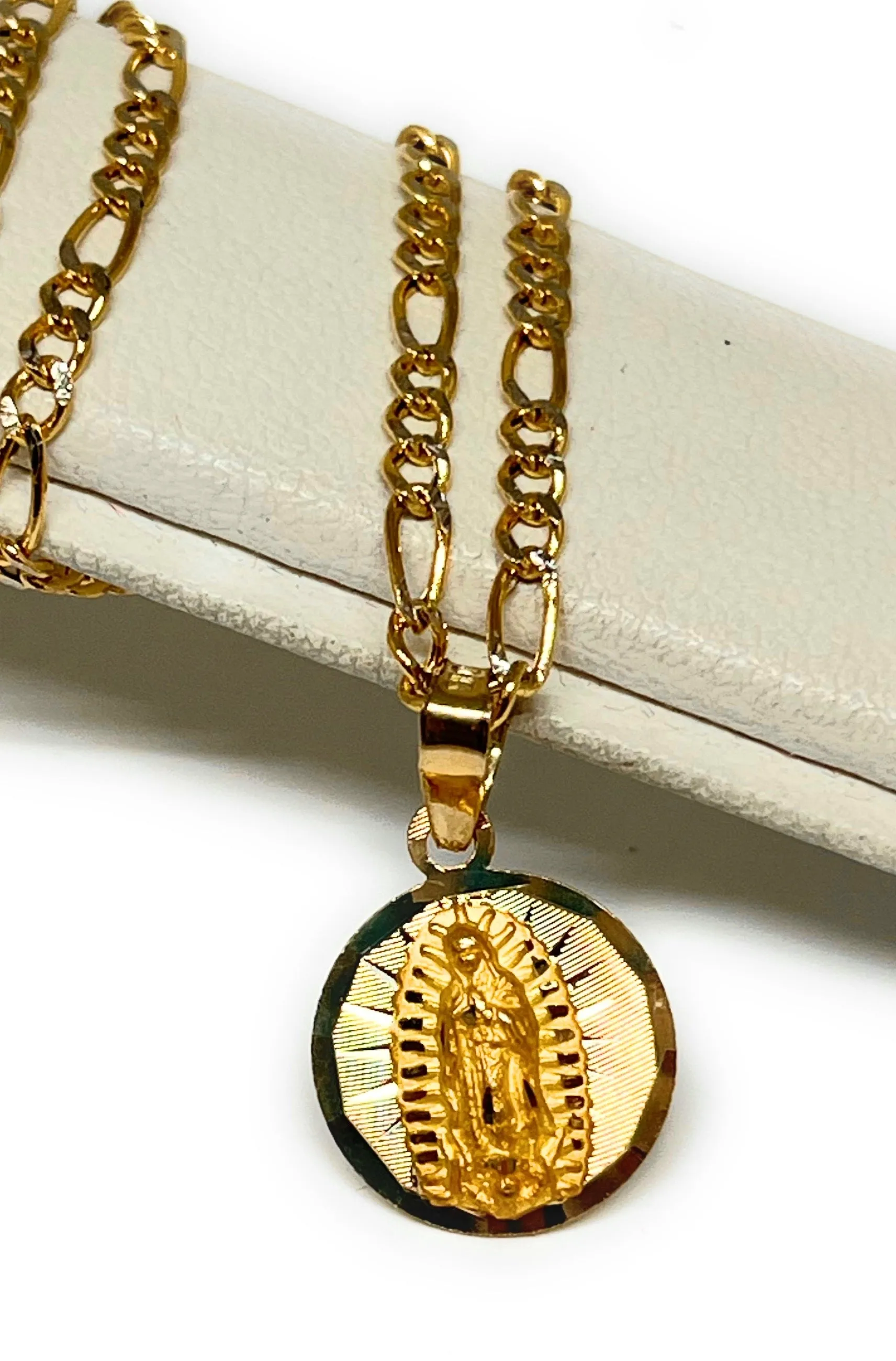 10k Solid Gold Yellow Gold Jesus Sagrado Corazon & Virrgin Mary Double Sided Pendant Necklace (SMALL) (MADE IN MX)