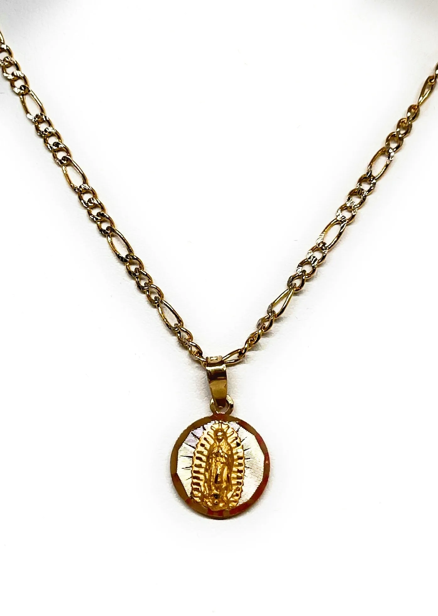 10k Solid Gold Yellow Gold Jesus Sagrado Corazon & Virrgin Mary Double Sided Pendant Necklace (SMALL) (MADE IN MX)