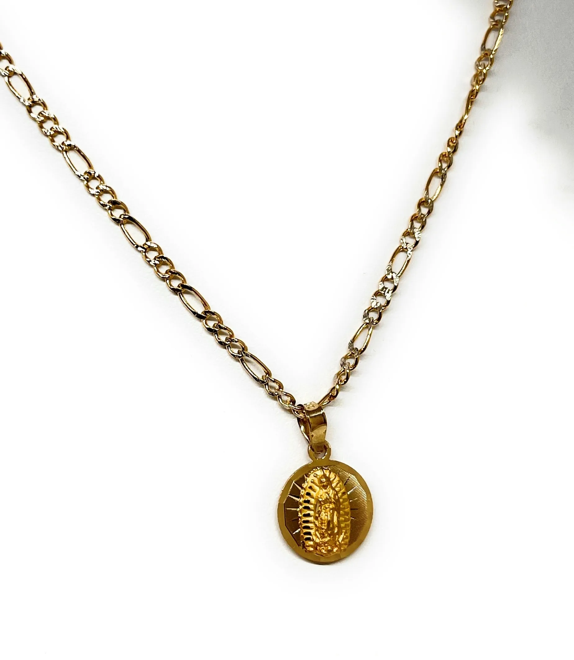 10k Solid Gold Yellow Gold Jesus Sagrado Corazon & Virrgin Mary Double Sided Pendant Necklace (SMALL) (MADE IN MX)