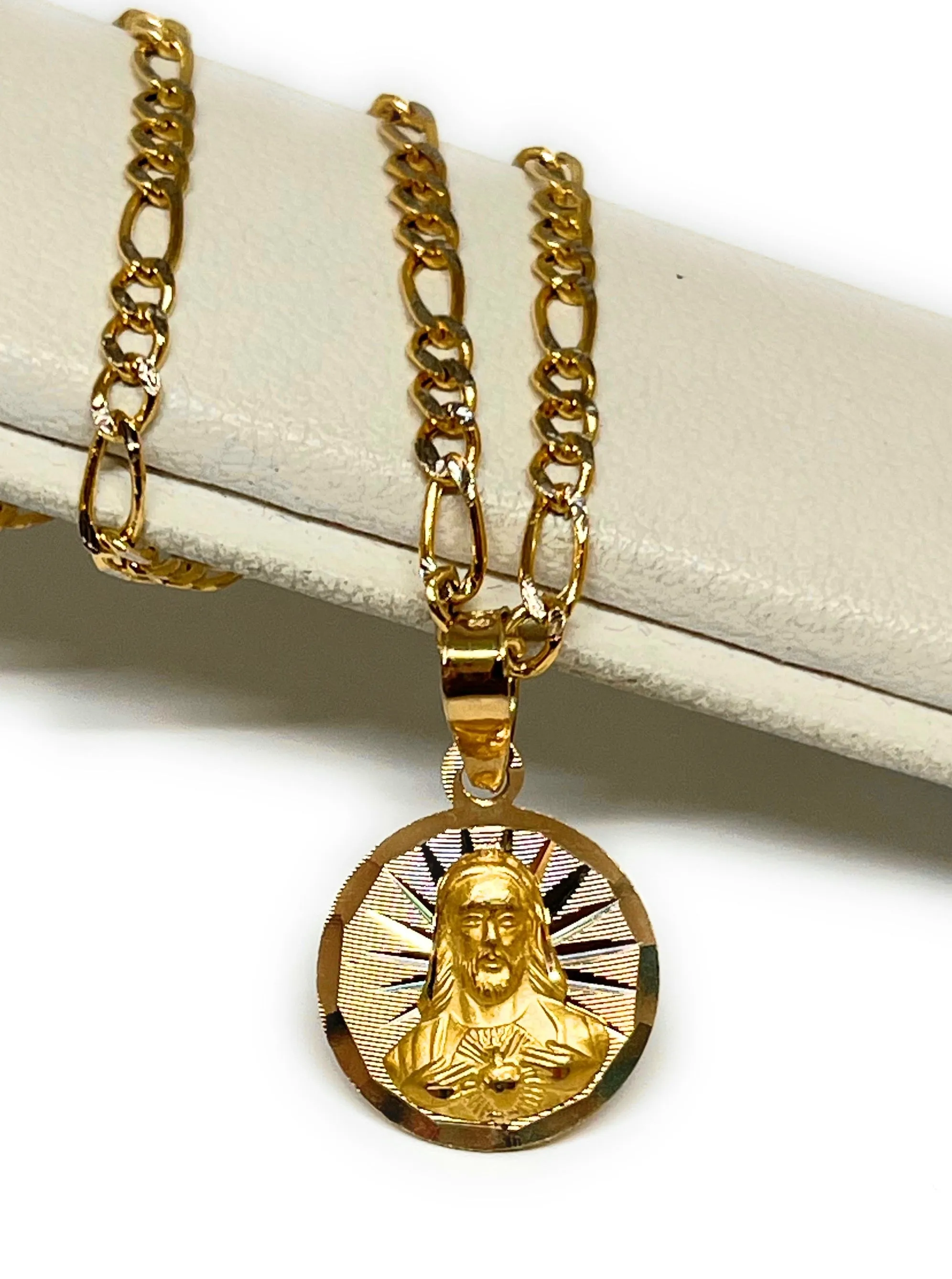 10k Solid Gold Yellow Gold Jesus Sagrado Corazon & Virrgin Mary Double Sided Pendant Necklace (SMALL) (MADE IN MX)