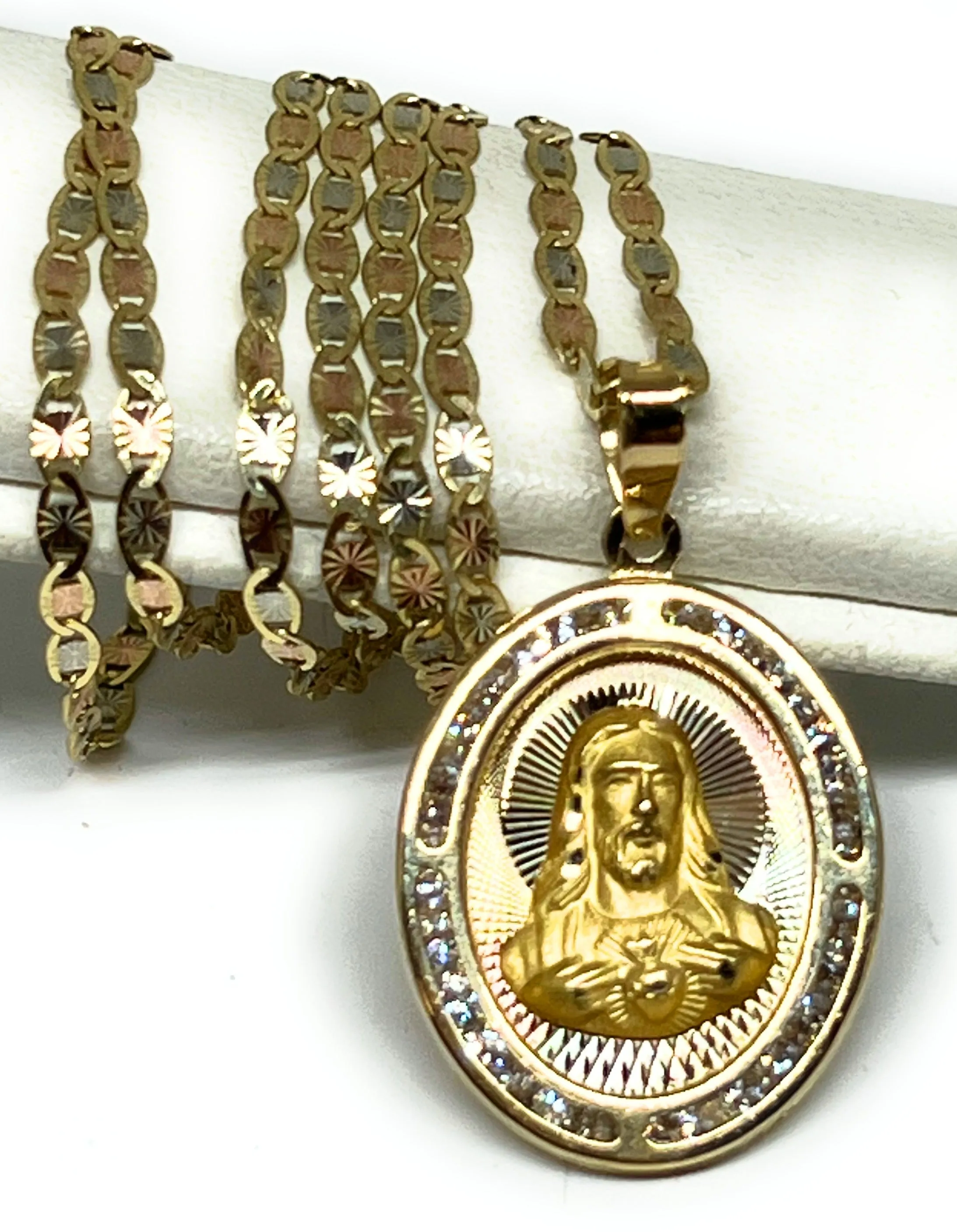 10k Solid Gold Yellow Gold Jesus Sagrado Corazon CZ Pendant Necklace Valentina Chain (MADE IN MX)