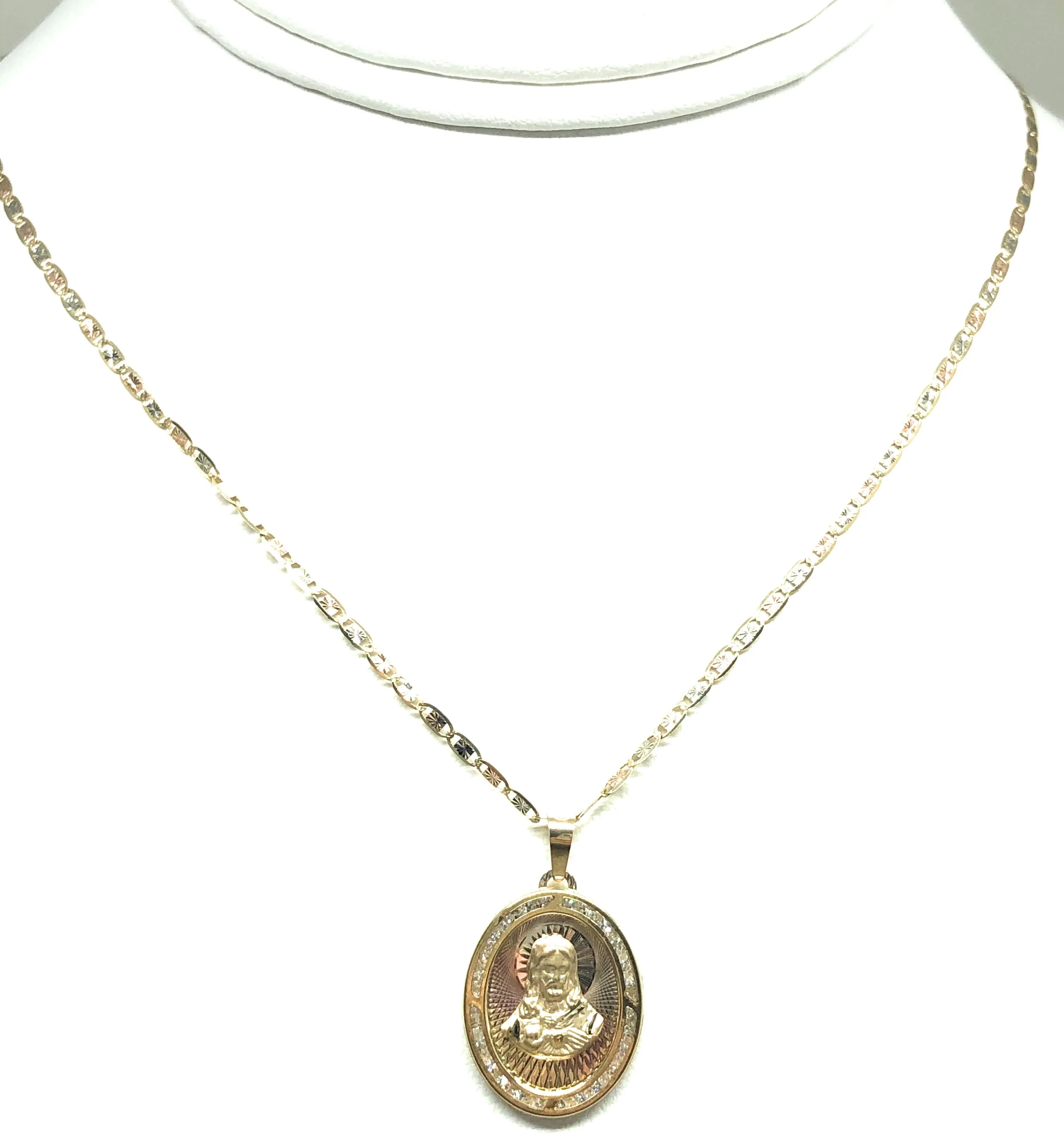 10k Solid Gold Yellow Gold Jesus Sagrado Corazon CZ Pendant Necklace Valentina Chain (MADE IN MX)