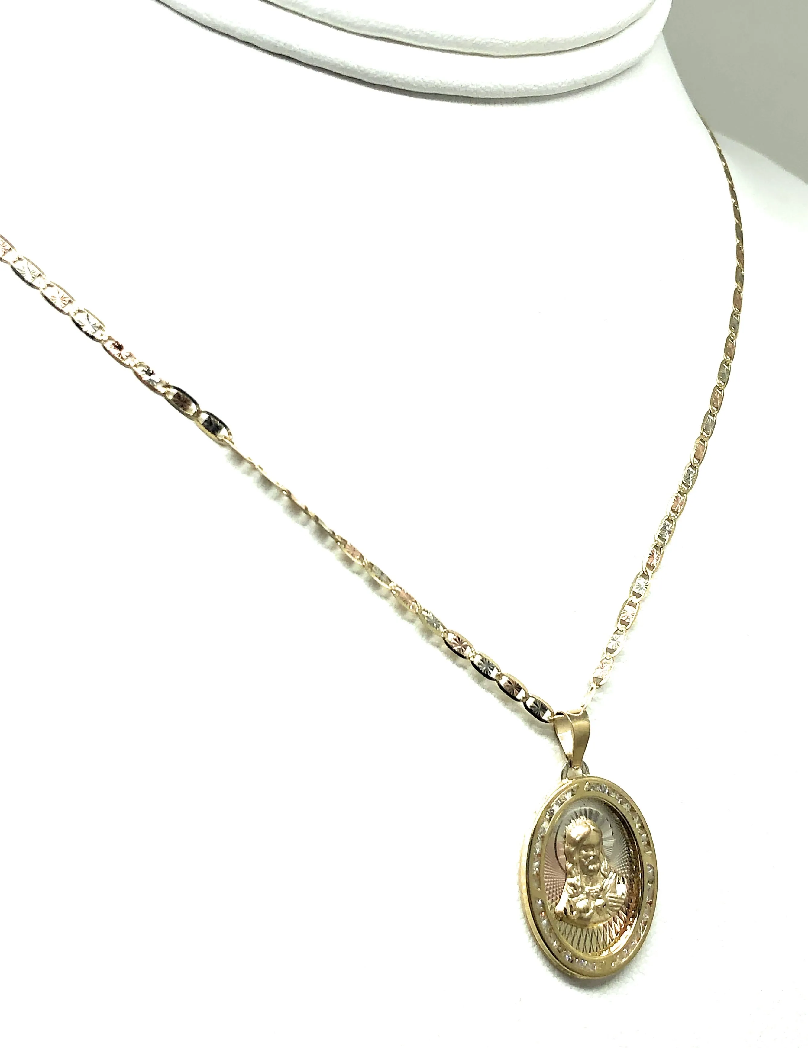 10k Solid Gold Yellow Gold Jesus Sagrado Corazon CZ Pendant Necklace Valentina Chain (MADE IN MX)