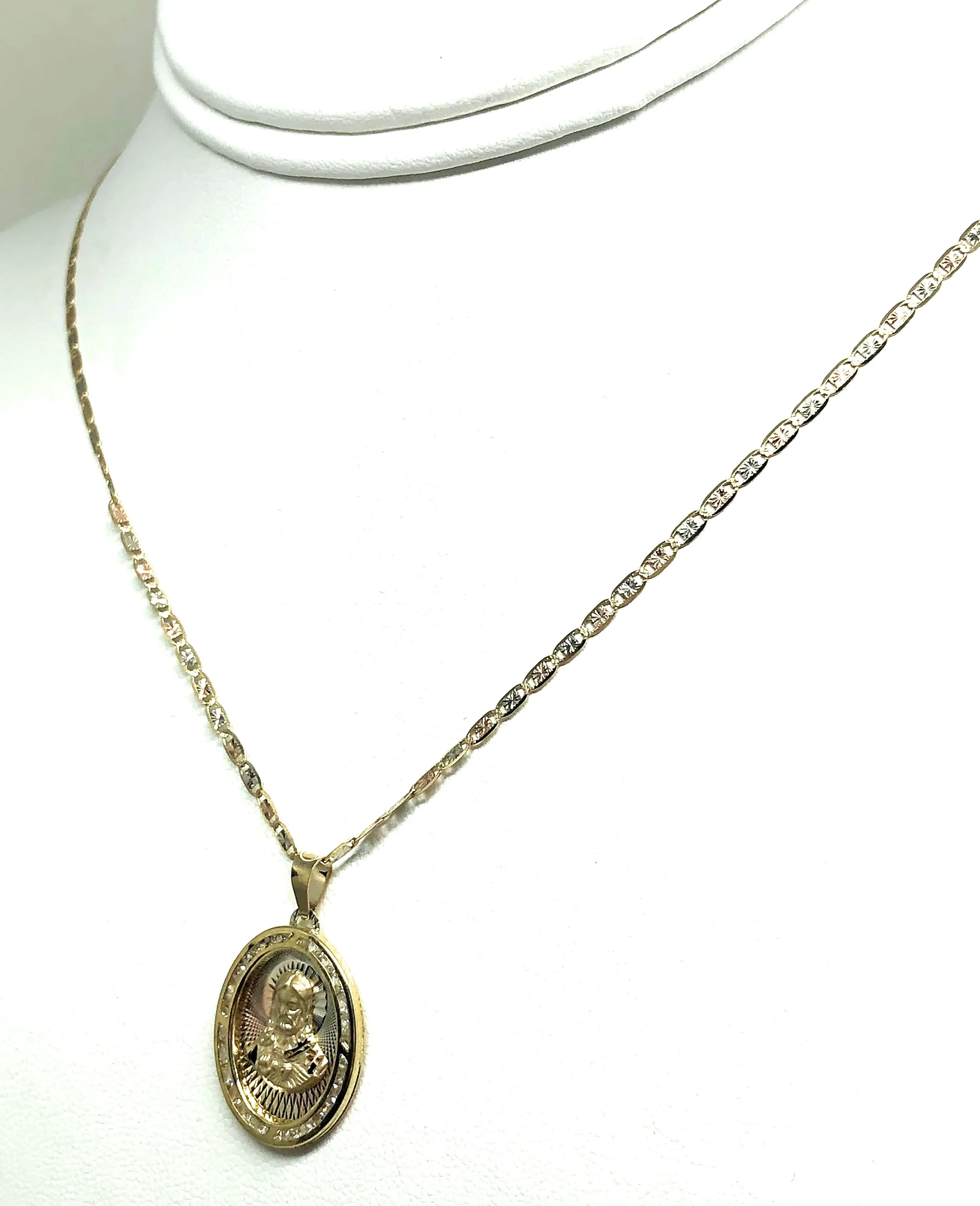 10k Solid Gold Yellow Gold Jesus Sagrado Corazon CZ Pendant Necklace Valentina Chain (MADE IN MX)