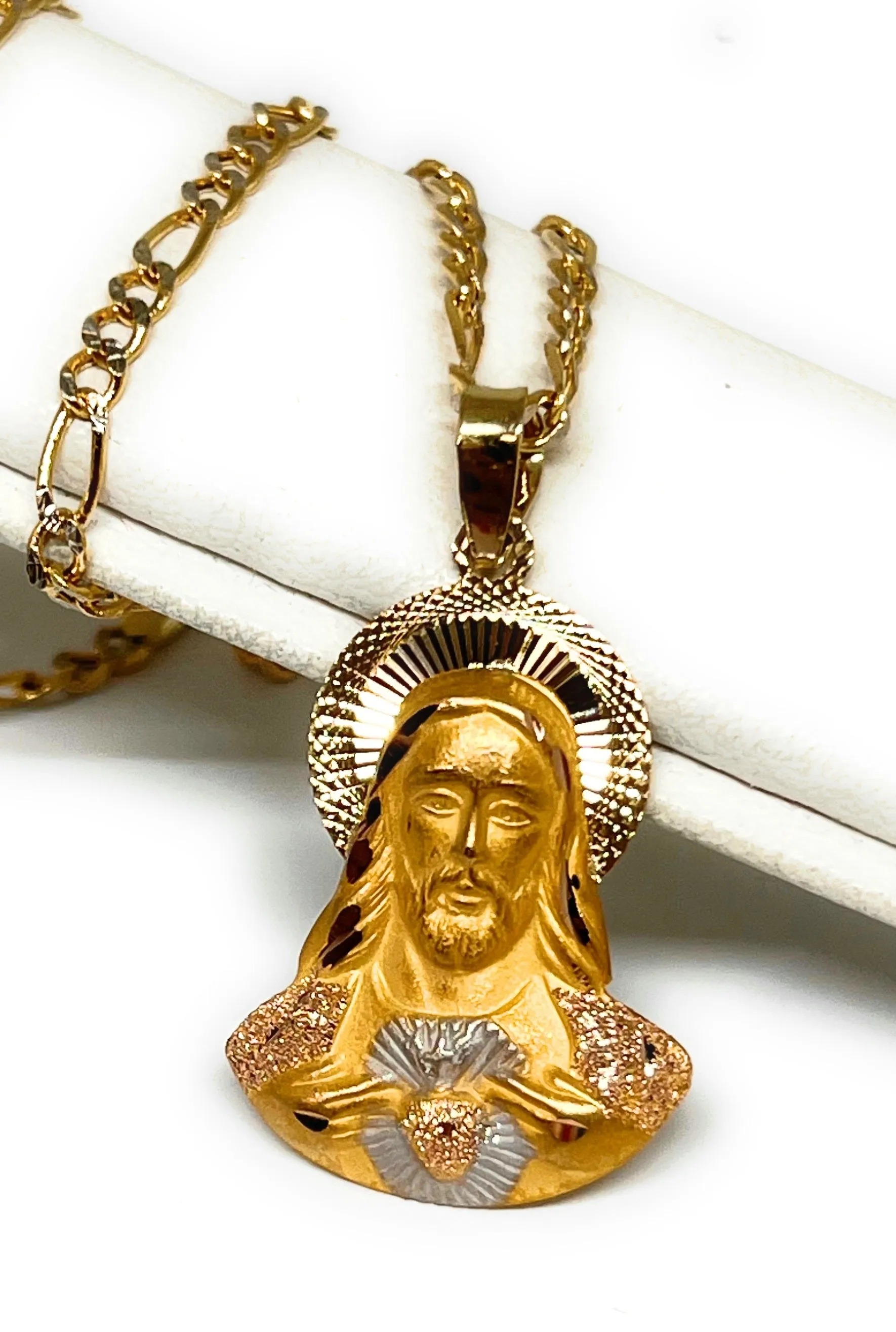 10k Solid Gold Yellow Jesus Sagrado Corazon Pendant Necklace (SM,MED) (MADE IN MX)