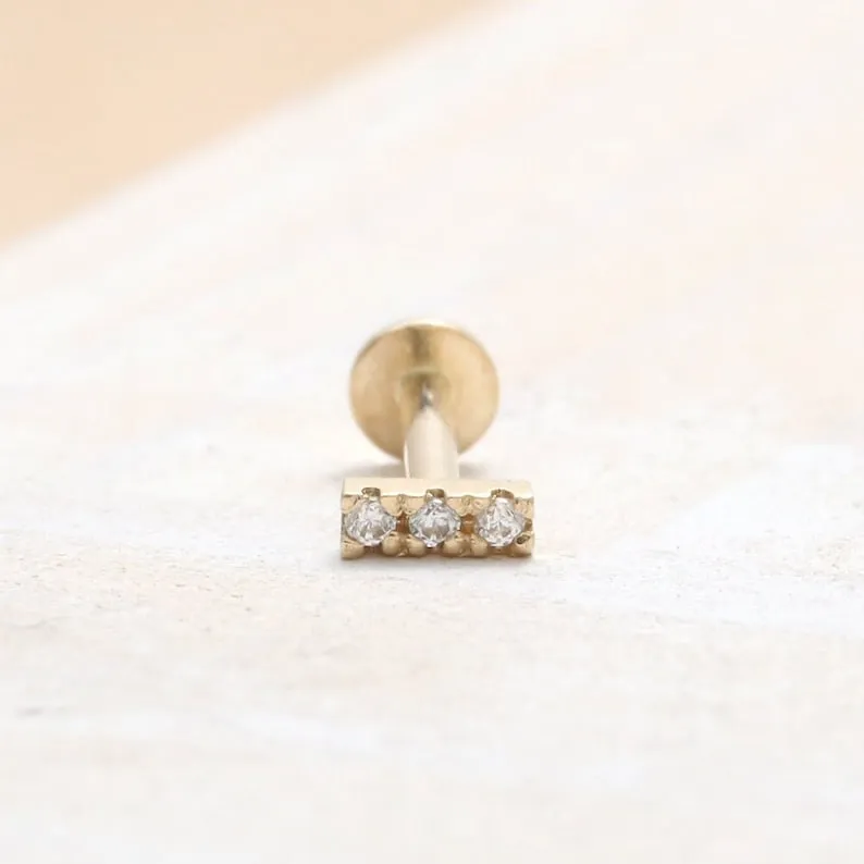 14K Real Gold CZ or Moissanite Genuine Diamond Tiny Short Stick Helix Cartilage Tragus Inner Conch Internally Threaded Flat Back