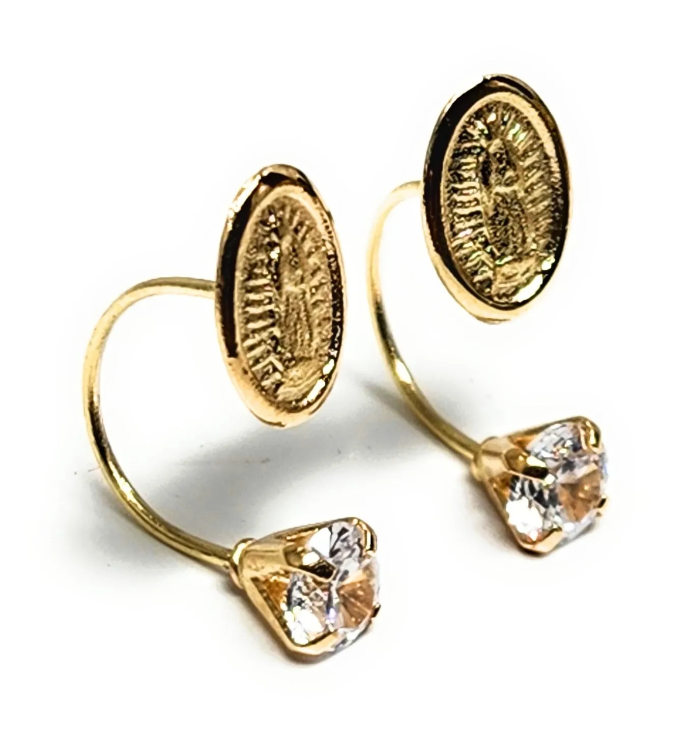 14k Solid Gold Cubic Zirconia SMALL DAINTY VIRRGIN MARY CURVED Stud Earrings (FCE 34) (MADE IN MX)