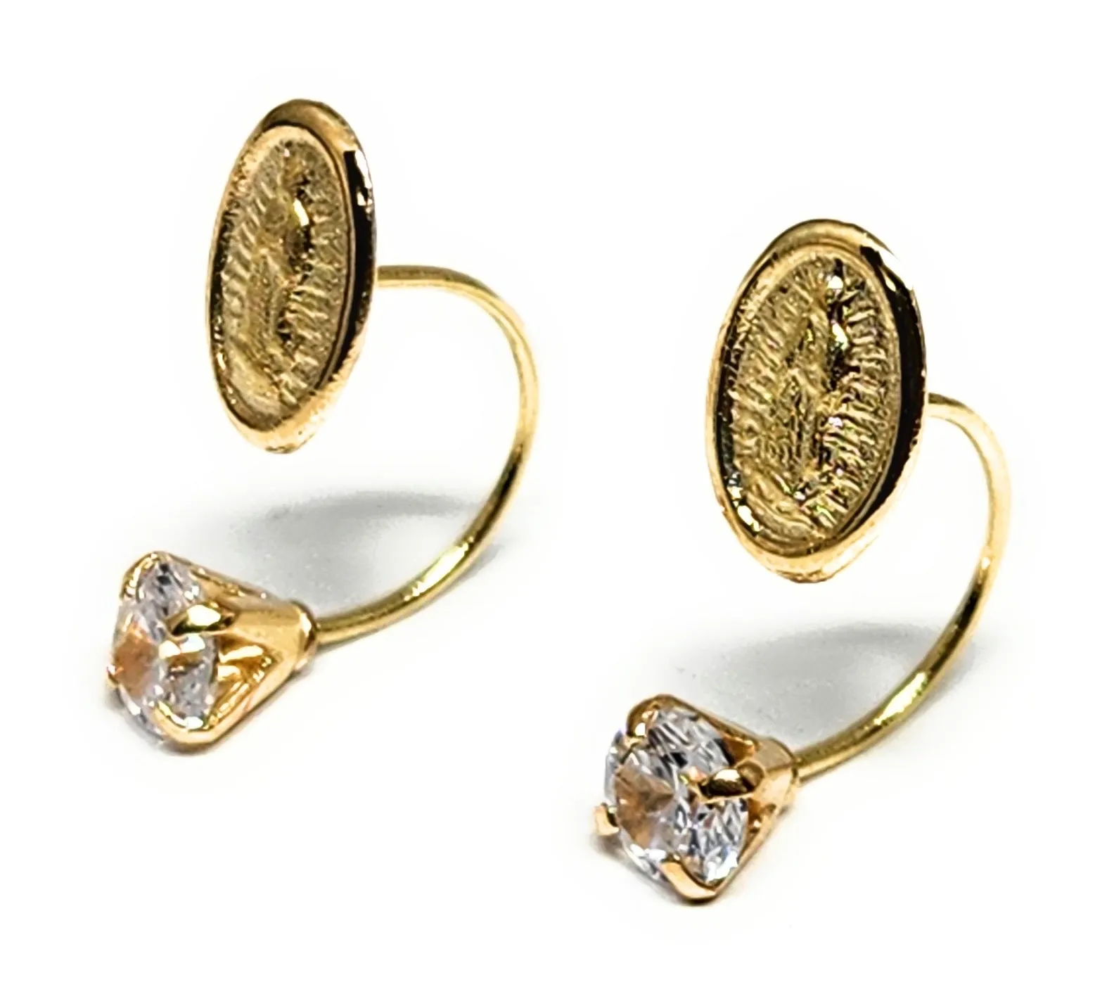 14k Solid Gold Cubic Zirconia SMALL DAINTY VIRRGIN MARY CURVED Stud Earrings (FCE 34) (MADE IN MX)