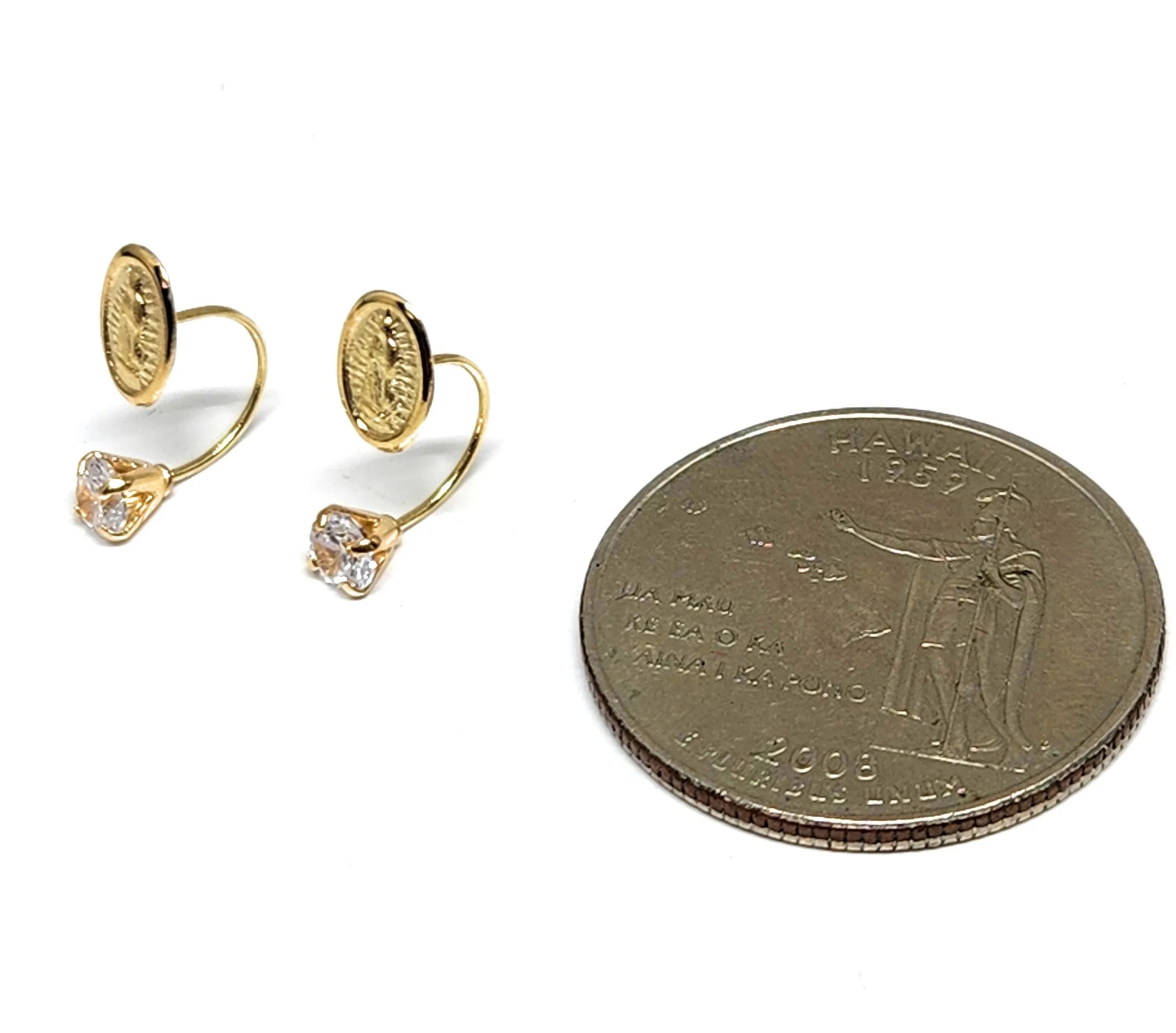 14k Solid Gold Cubic Zirconia SMALL DAINTY VIRRGIN MARY CURVED Stud Earrings (FCE 34) (MADE IN MX)