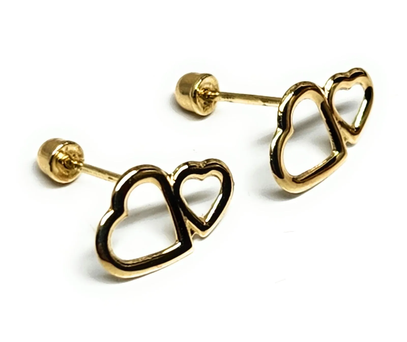 14k Solid Gold SMALL DAINTY DOUBLE HEART Stud Earrings (FCE 45) (MADE IN MX)