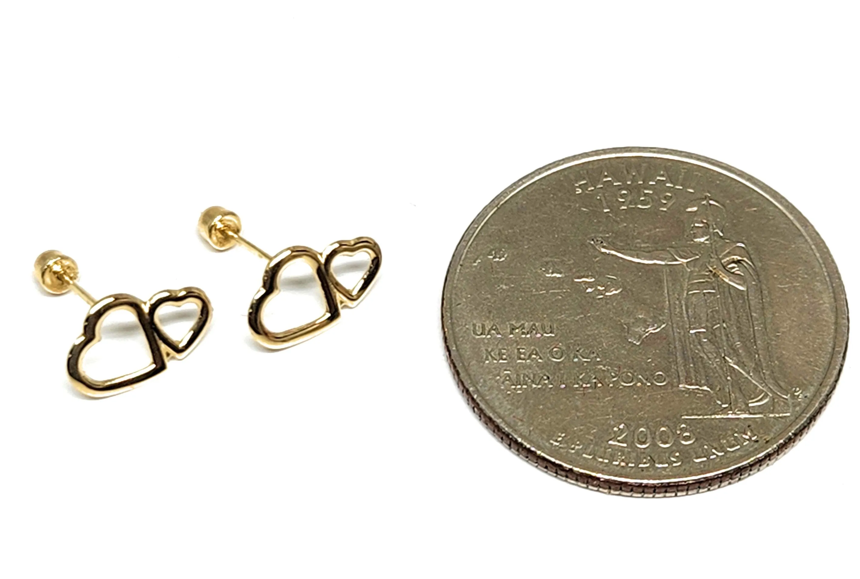 14k Solid Gold SMALL DAINTY DOUBLE HEART Stud Earrings (FCE 45) (MADE IN MX)