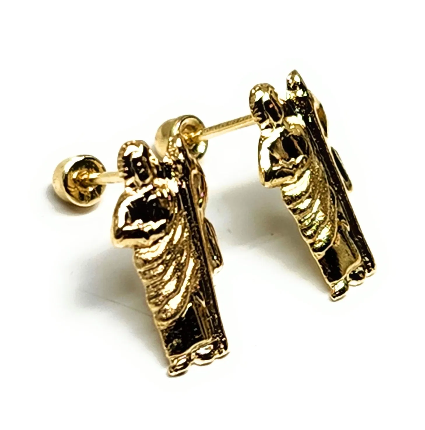 14k Solid Gold SMALL DAINTY SAAN JUDAS SAAINT JUDE Stud Earrings (FCE 37) (MADE IN MX)